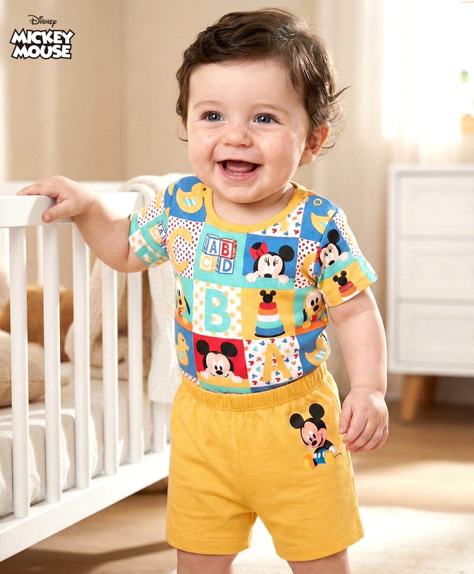 Babyhug Disney Cotton Knit Half Sleeves Onesie with Shorts Mickey Mouse Print - Multicolour-image-29