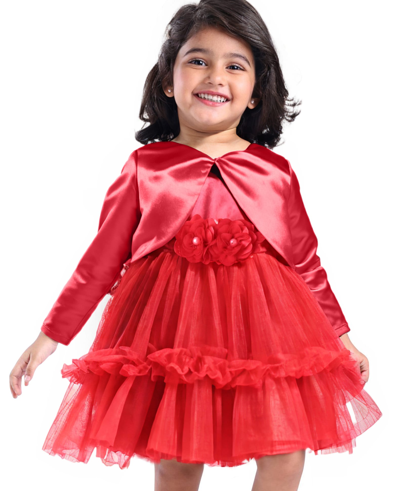 Babyhug Woven Full Sleeves Shrug & Fit and Flare Party Frock With Floral Applique - Red-picture-24