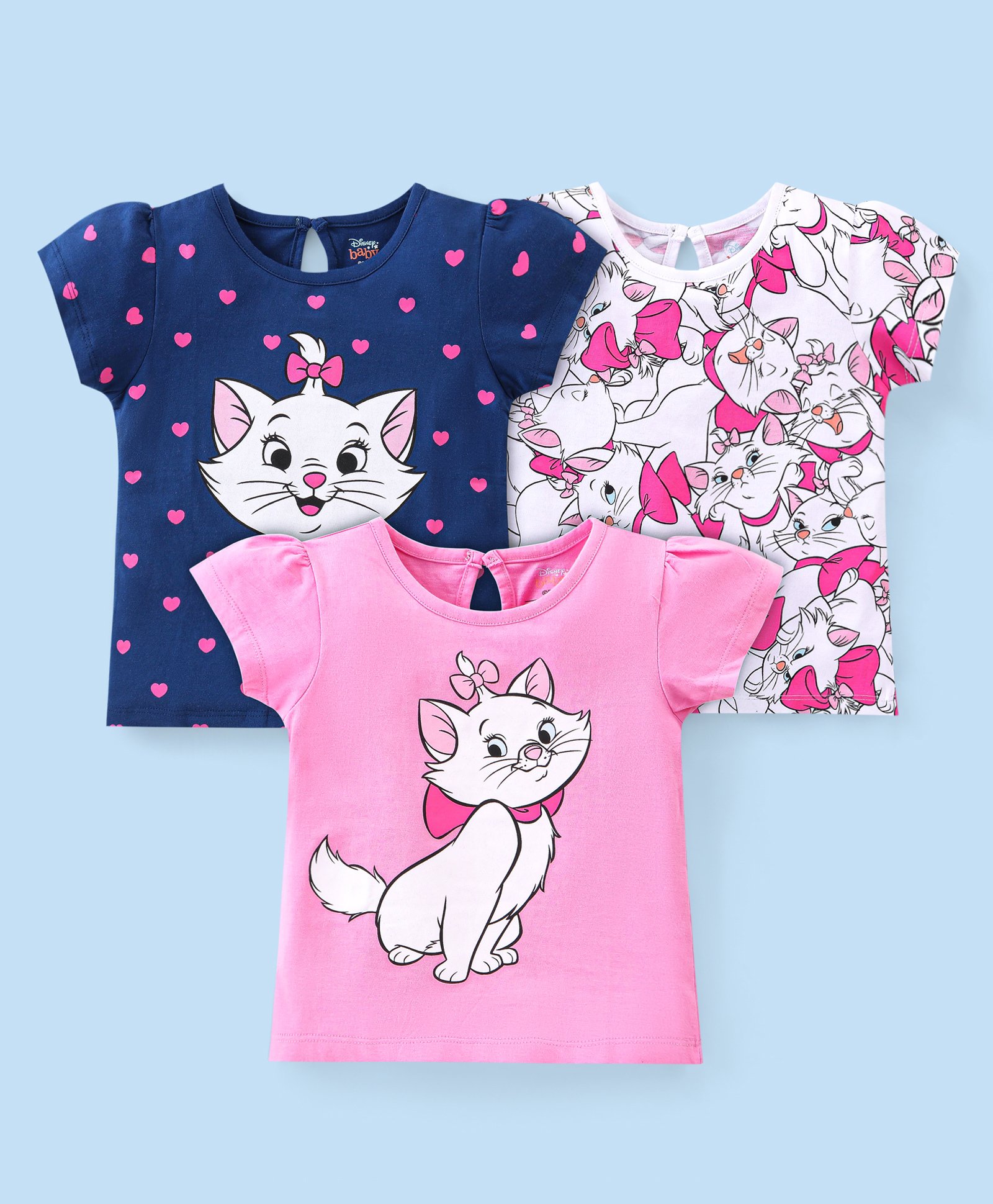 Babyhug Disney Cotton Knit Half Sleeves Tops with Aristocats Marie Graphics Pack Of 3 - Multicolour-image-49