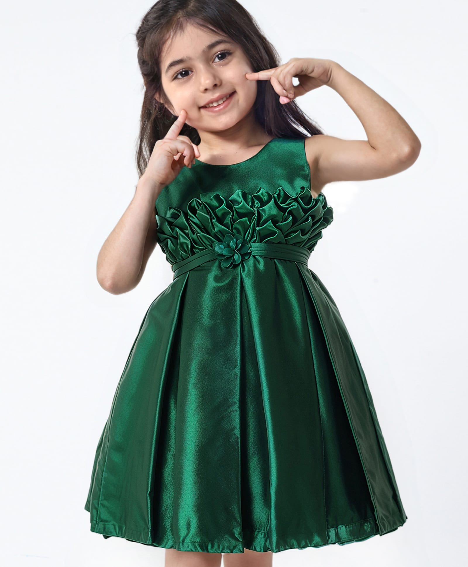 Babyhug Woven Sleeveless Solid Colour Party Frock with Textured Yoke & Corsage - Dark Green-image-8