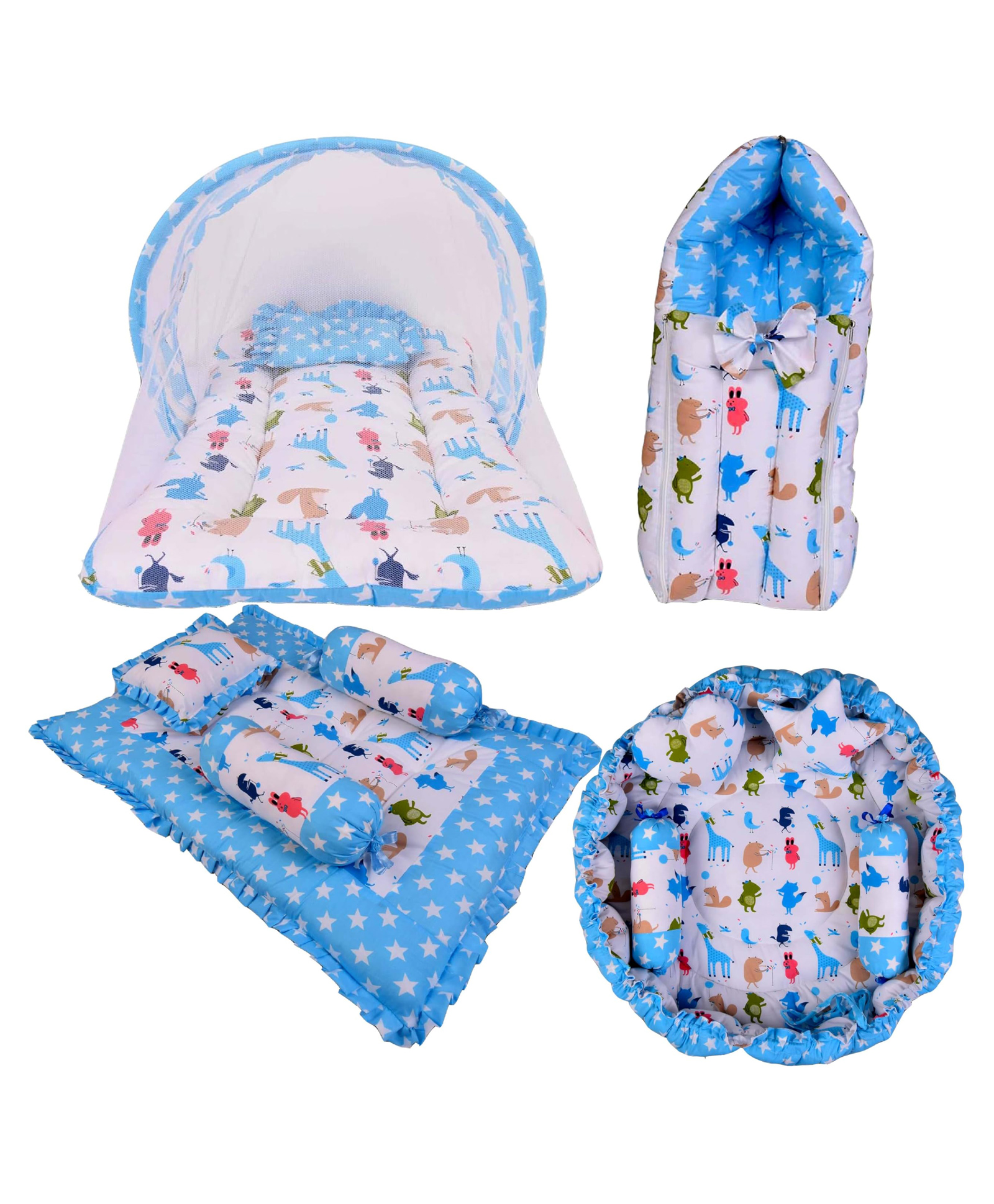 Babytoons New Born Designer Mattress with Net | Baby Sleeping Bag | 4Pcs Bedding Set | 1 Nest with Pillows (0-12 Months) Blue-picture-11