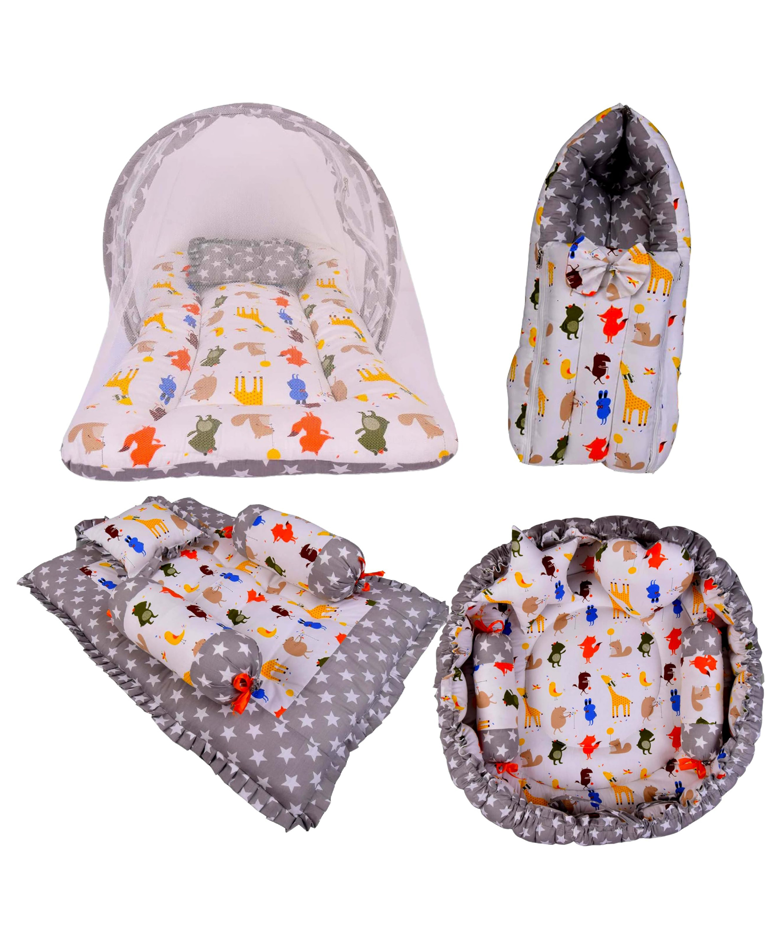 Babytoons New Born Designer Mattress with Net | Baby Sleeping Bag | 4Pcs Bedding Set | 1 Nest with Pillows (0-12 Months) Grey-picture-11