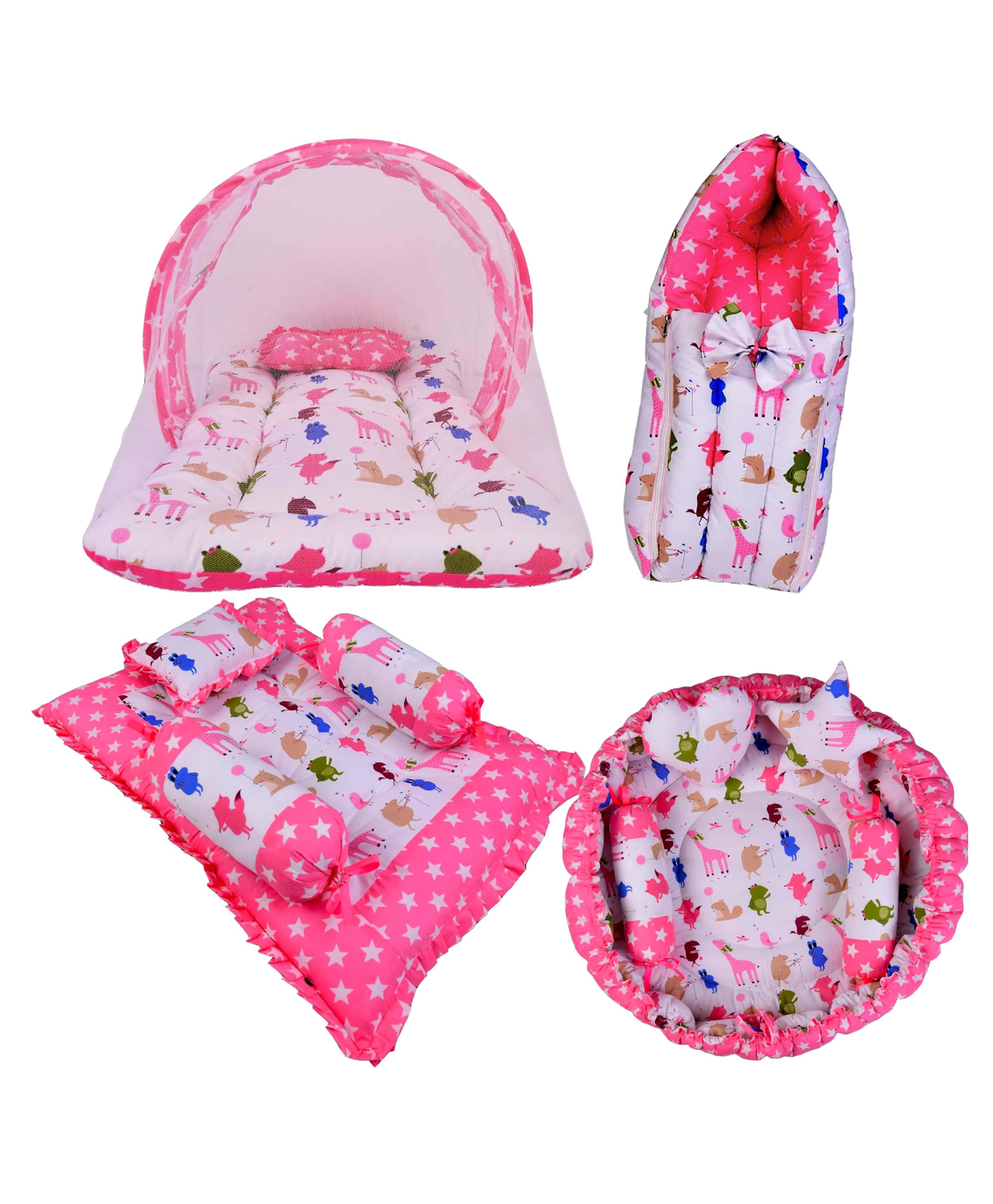 Babytoons New Born Designer Mattress with Net | Baby Sleeping Bag | 4Pcs Bedding Set | 1 Nest with Pillows (0-12 Months)  Pink-picture-23