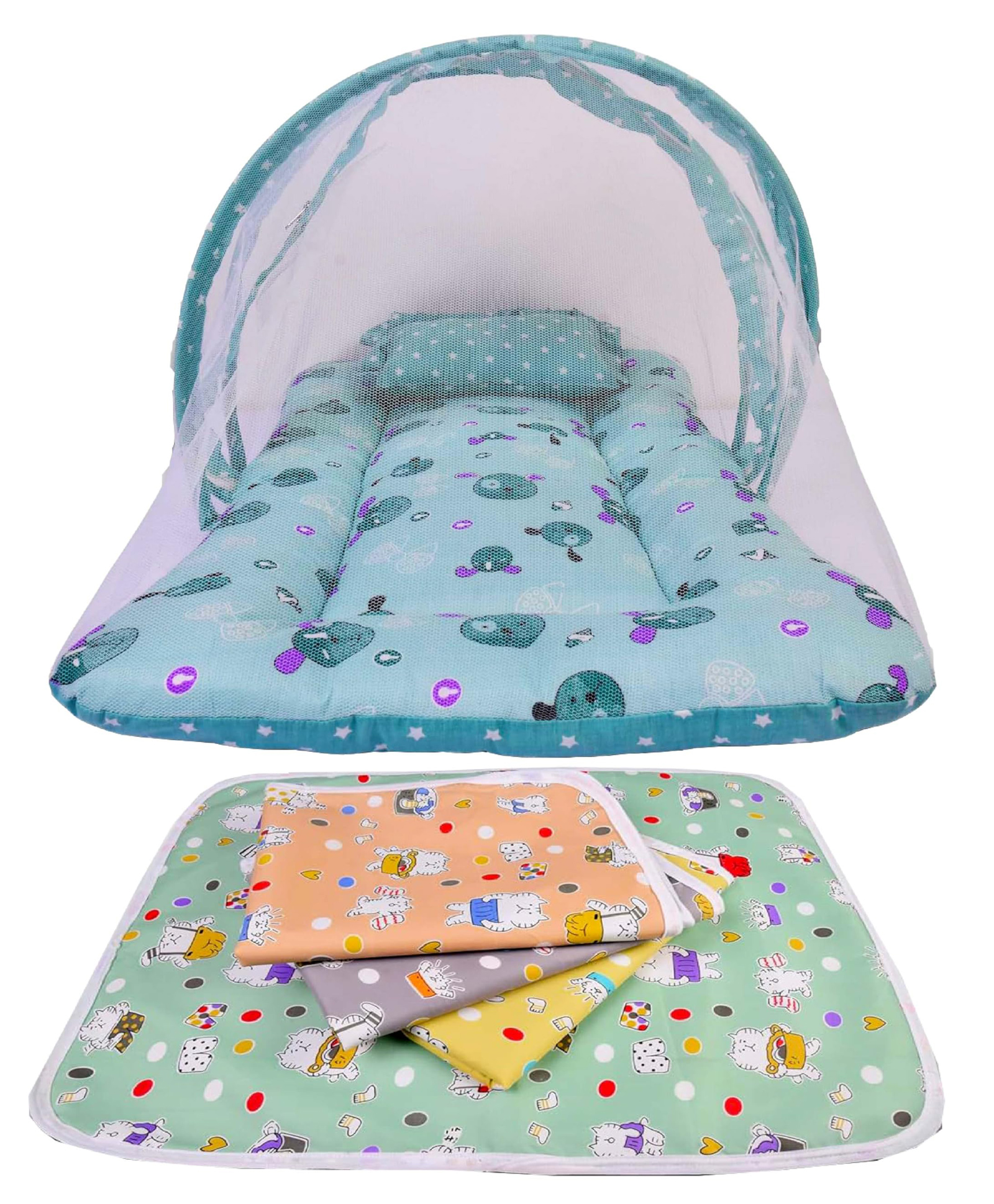Babytoons New Born Baby Bedding Mosquito Net Bed with Pillow & 4pcs Waterproof Sheets Mats Combo (0-12 Months) Green-picture-11