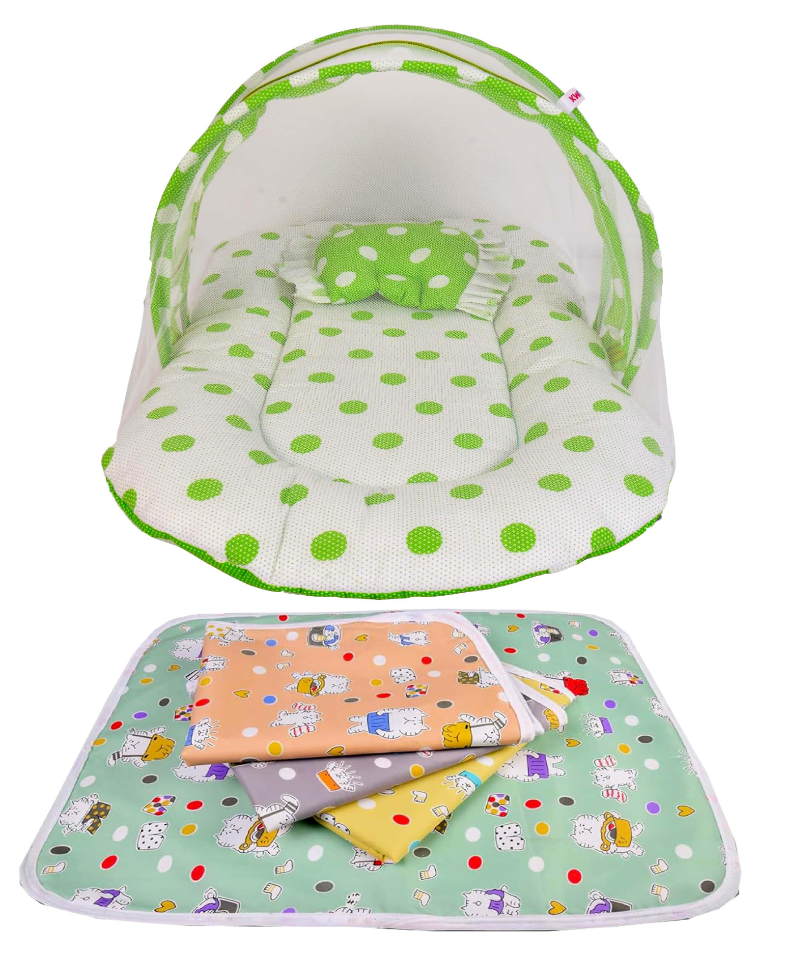 Babytoons New Born Baby Combo of 1 Mosquito Net Bed and 4 Plastic Changing Diapers Waterproof Mat/Massage Mat/Protection Mat (0-12 Months) Green-picture-12