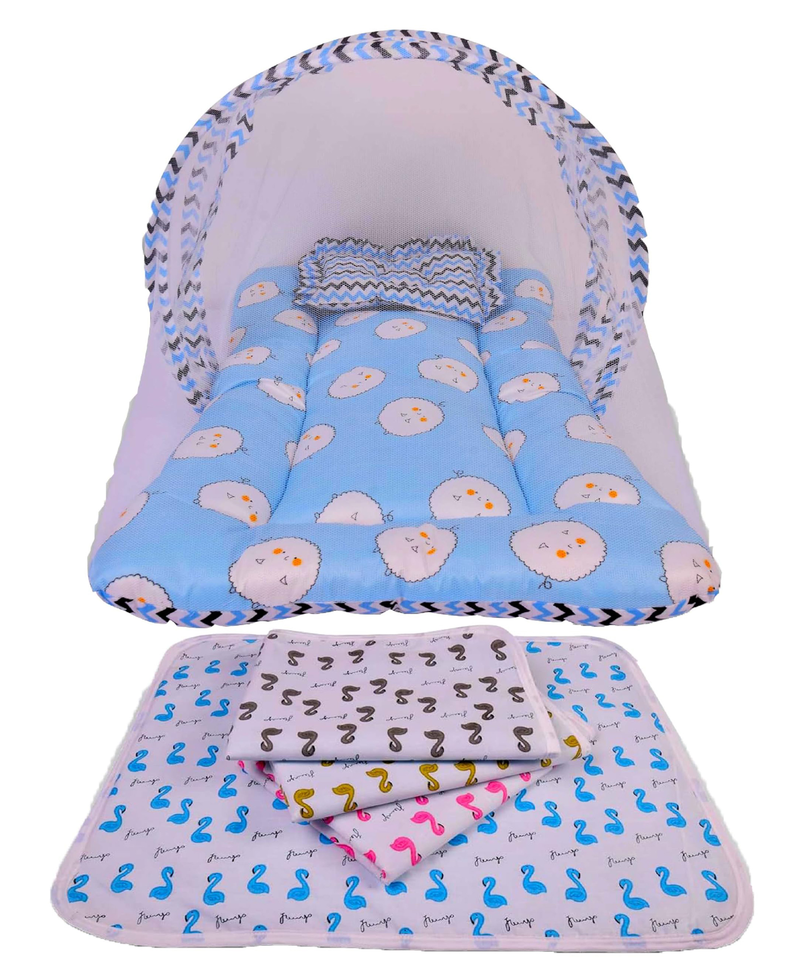 Babytoons Baby Bed with Thick Mattress, Mosquito Net with & Neck Pillow, Baby Bedding for New Born Plastic Sheets (0-12 Months) Blue-picture-19