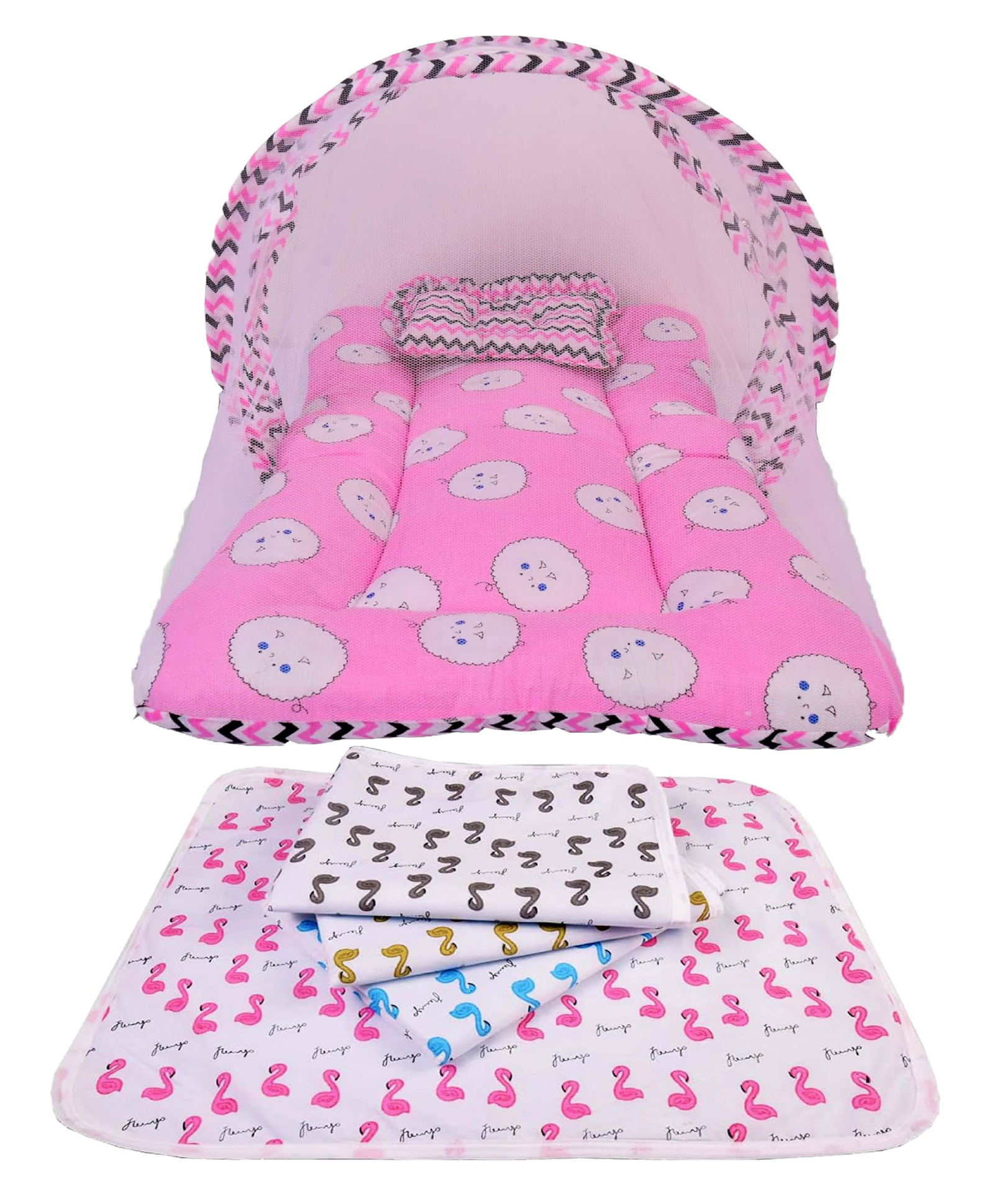 Babytoons Baby Bed with Thick Mattress, Mosquito Net with & Neck Pillow, Baby Bedding for New Born Plastic Sheets (0-12 Months) Pink-picture-16