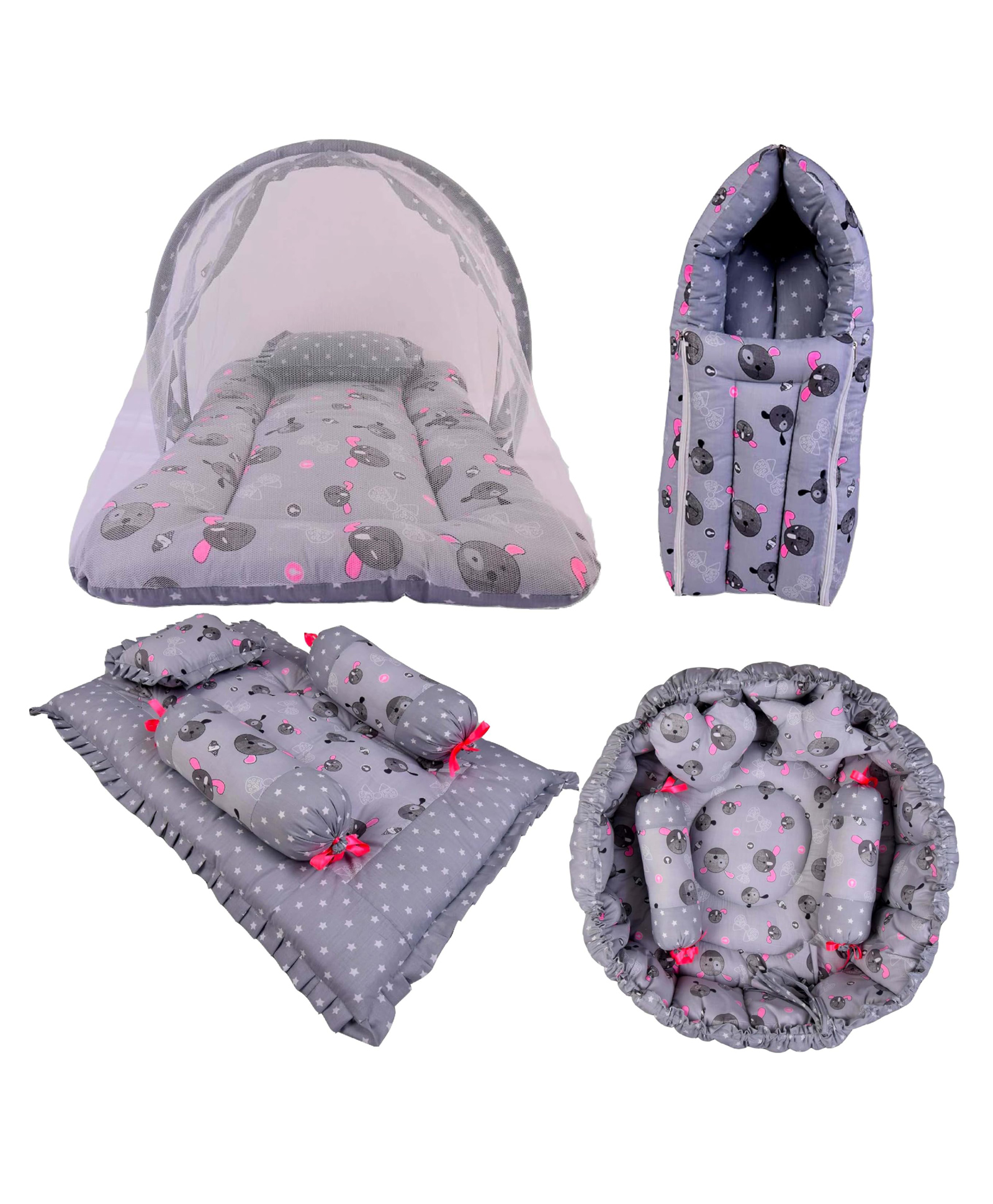 Babytoons New Born Bedding Combo of Mattress with Net | Baby Sleeping Bag | 4Pcs Gadda Set | Nest Bed with 4 Pillows (0-12 Months) Grey-image-49