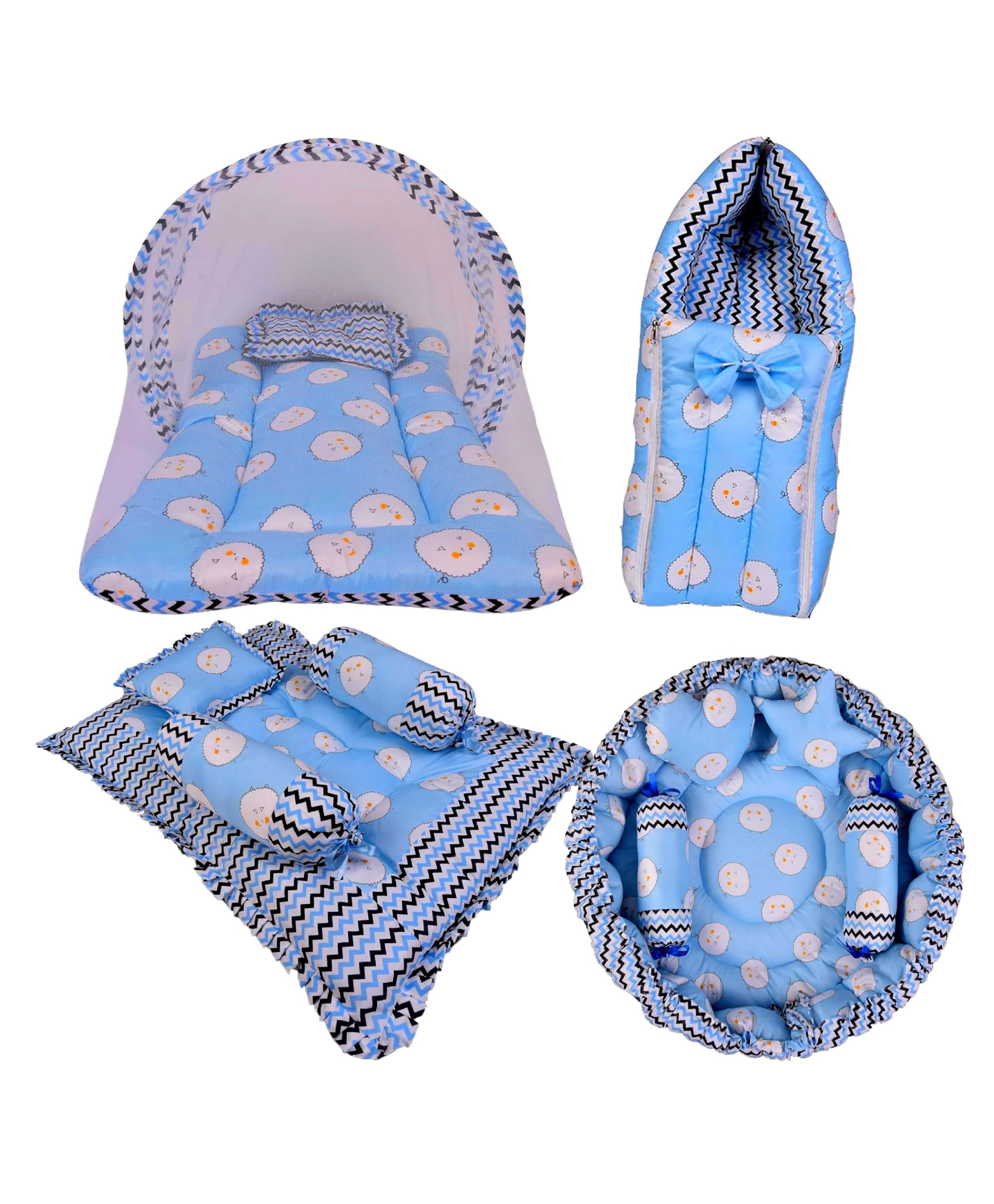 Babytoons Combo of Baby Nest with Pillows | Bed with Net | New Born Carry Bag | 4 Pcs Gadda Set (0-12 Months) Blue-picture-21