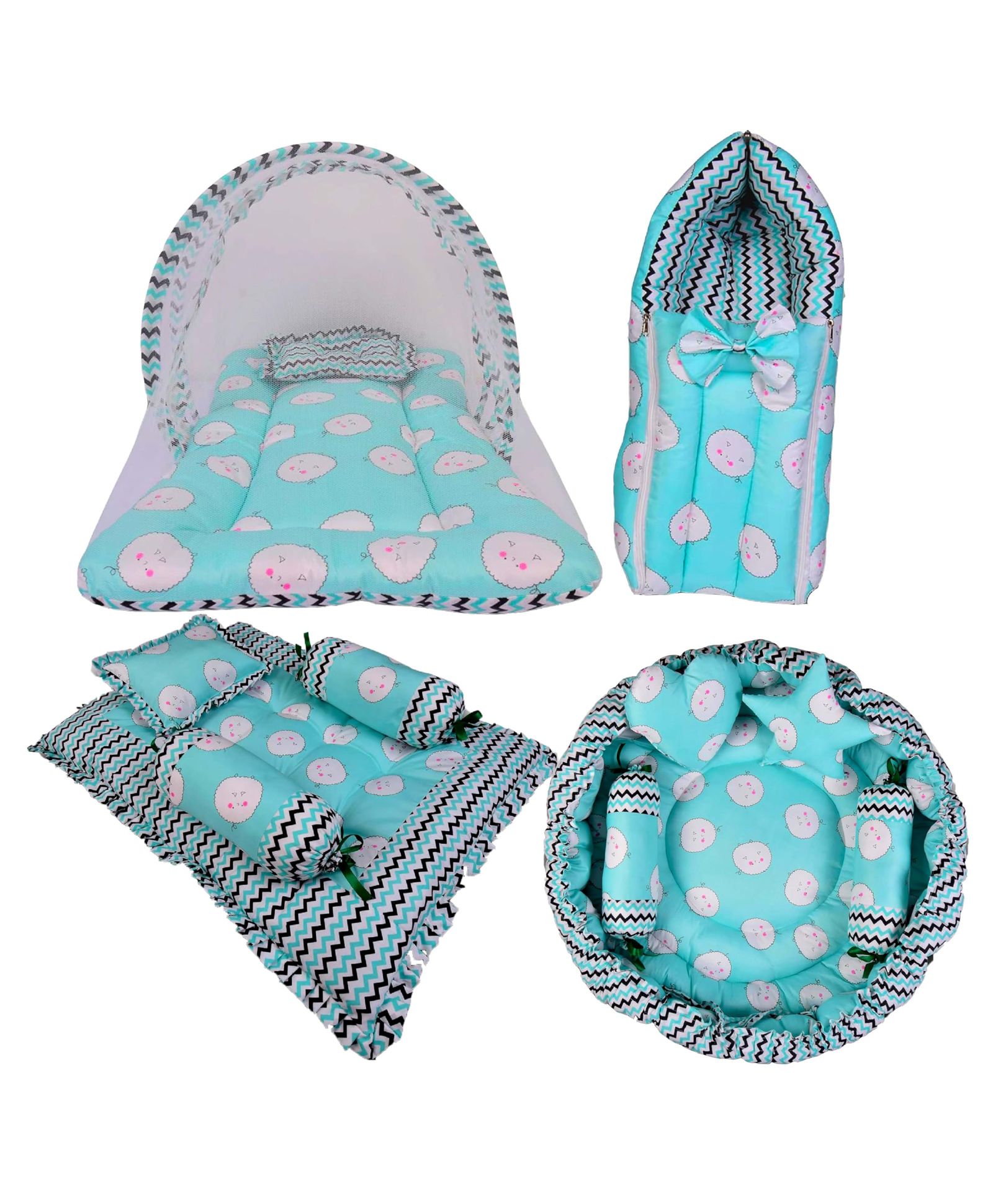 Babytoons Combo of Baby Nest with Pillows | Bed with Net | New Born Carry Bag | 4 Pcs Gadda Set (0-12 Months) Green-picture-15