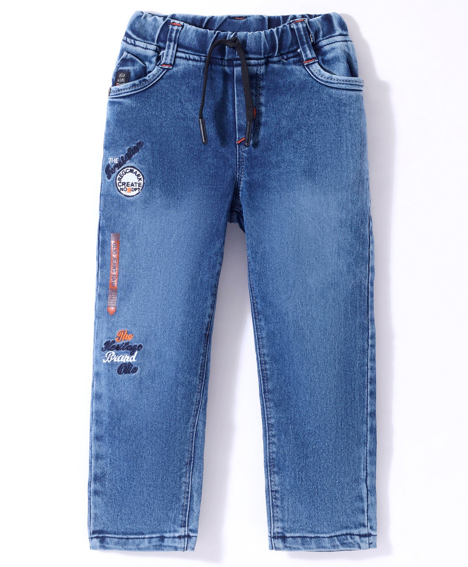 Olio Kids Denim Woven Solid Dyed Full Length Jeans with Text Embroidery - Light Blue-picture-18