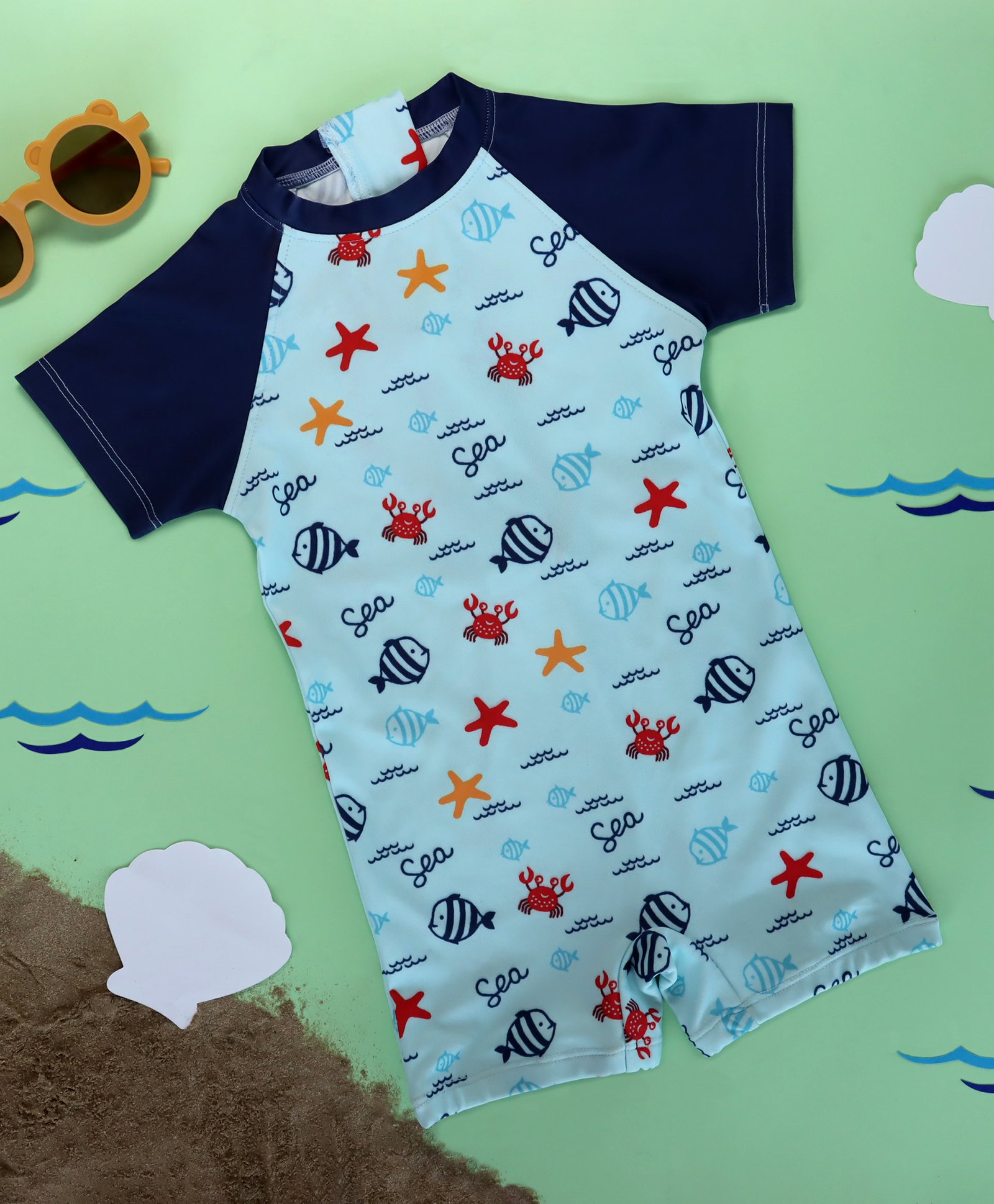 Kicks & Crawl Half Sleeves Sea Life Theme Printed Swimsuit - Navy Blue-picture-17