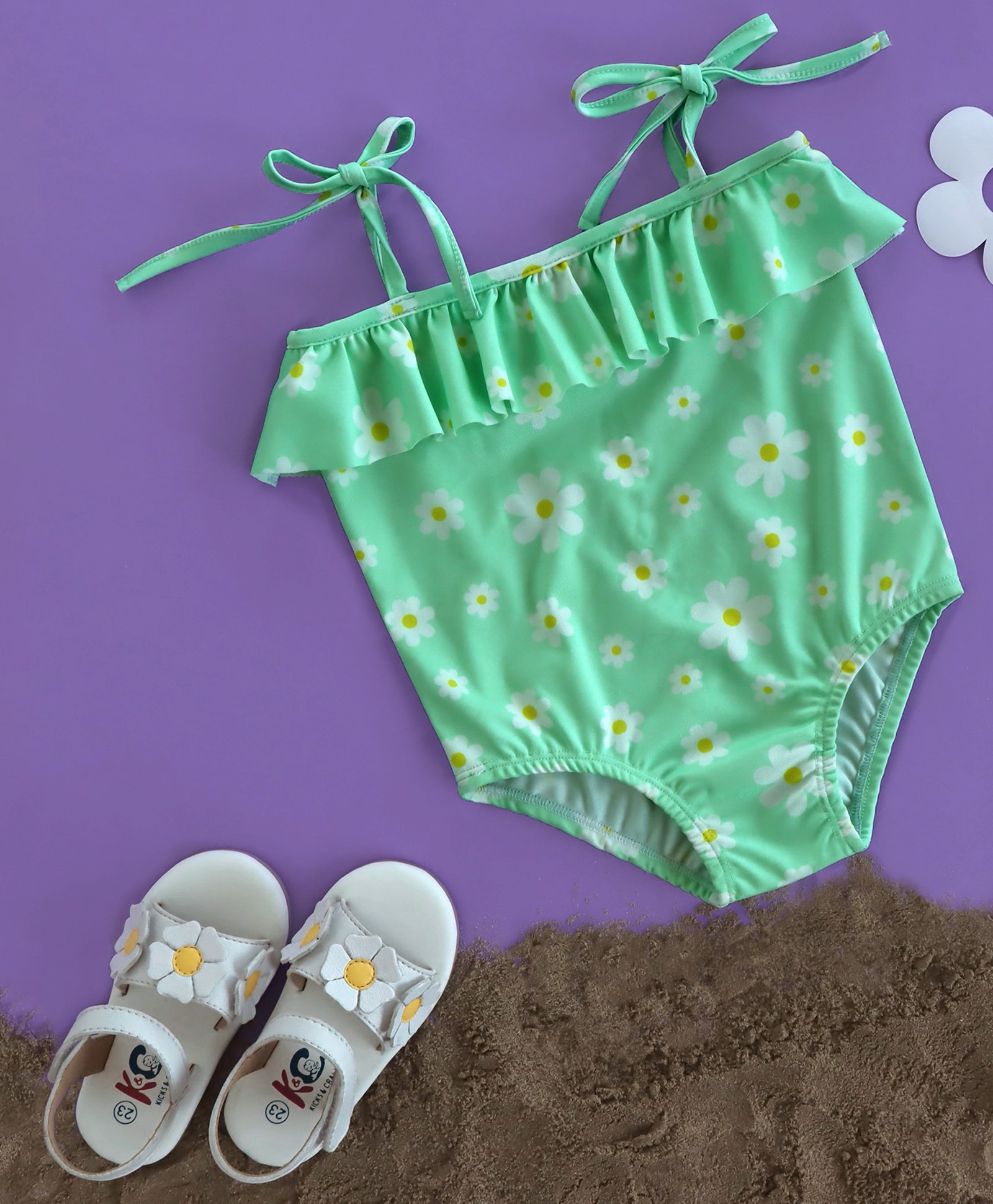 Kicks & Crawl Sleeveless Floral Printed Swimsuit - Mint Green & Off White-image-5