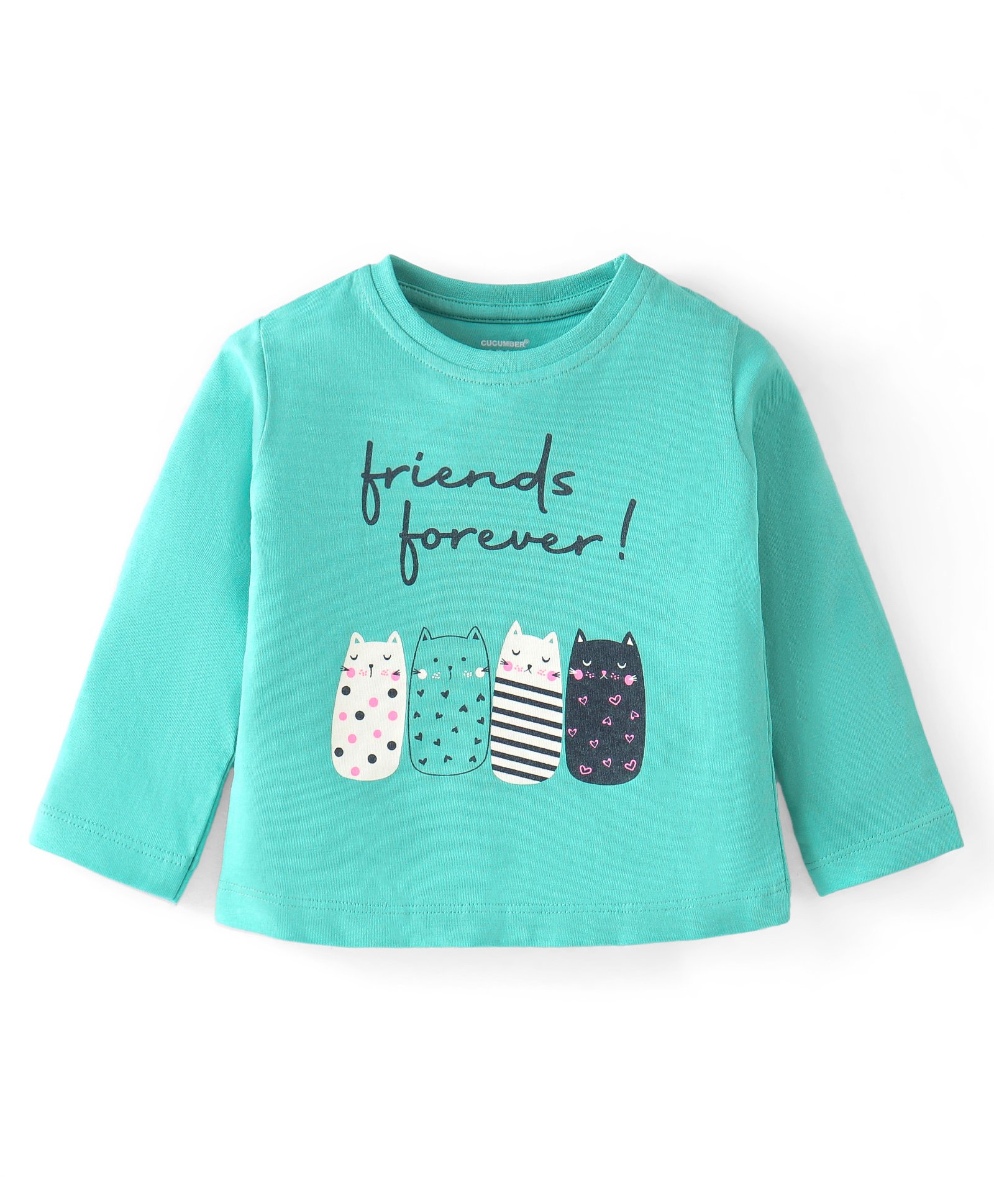 CUCUMBER Sinker Knit Full Sleeves T-Shirt with Text & Kitty Print - Sea Green-picture-27