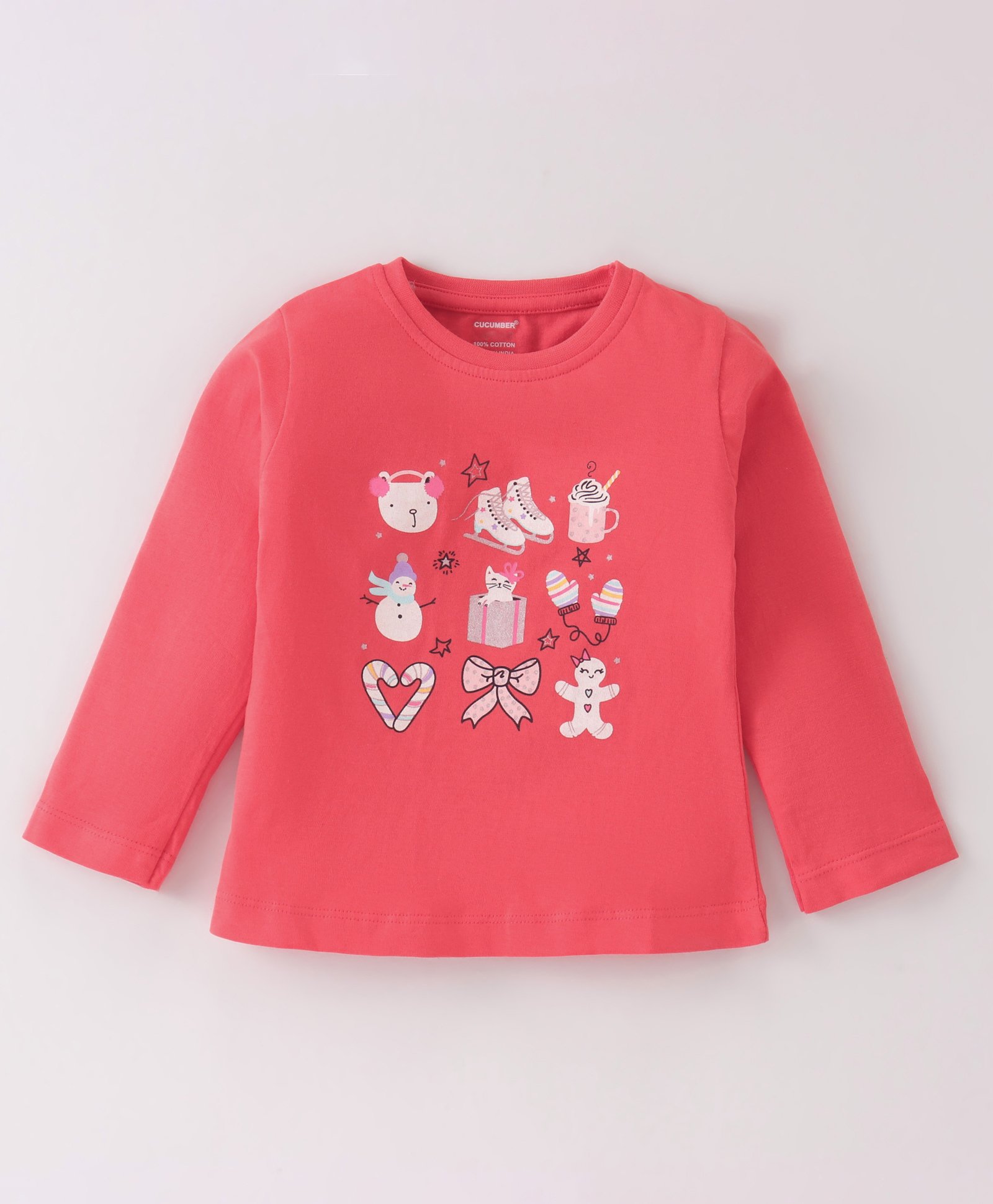 CUCUMBER Sinker Knit Full Sleeves T-Shirt with Christmas Theme Print - Orange-picture-15
