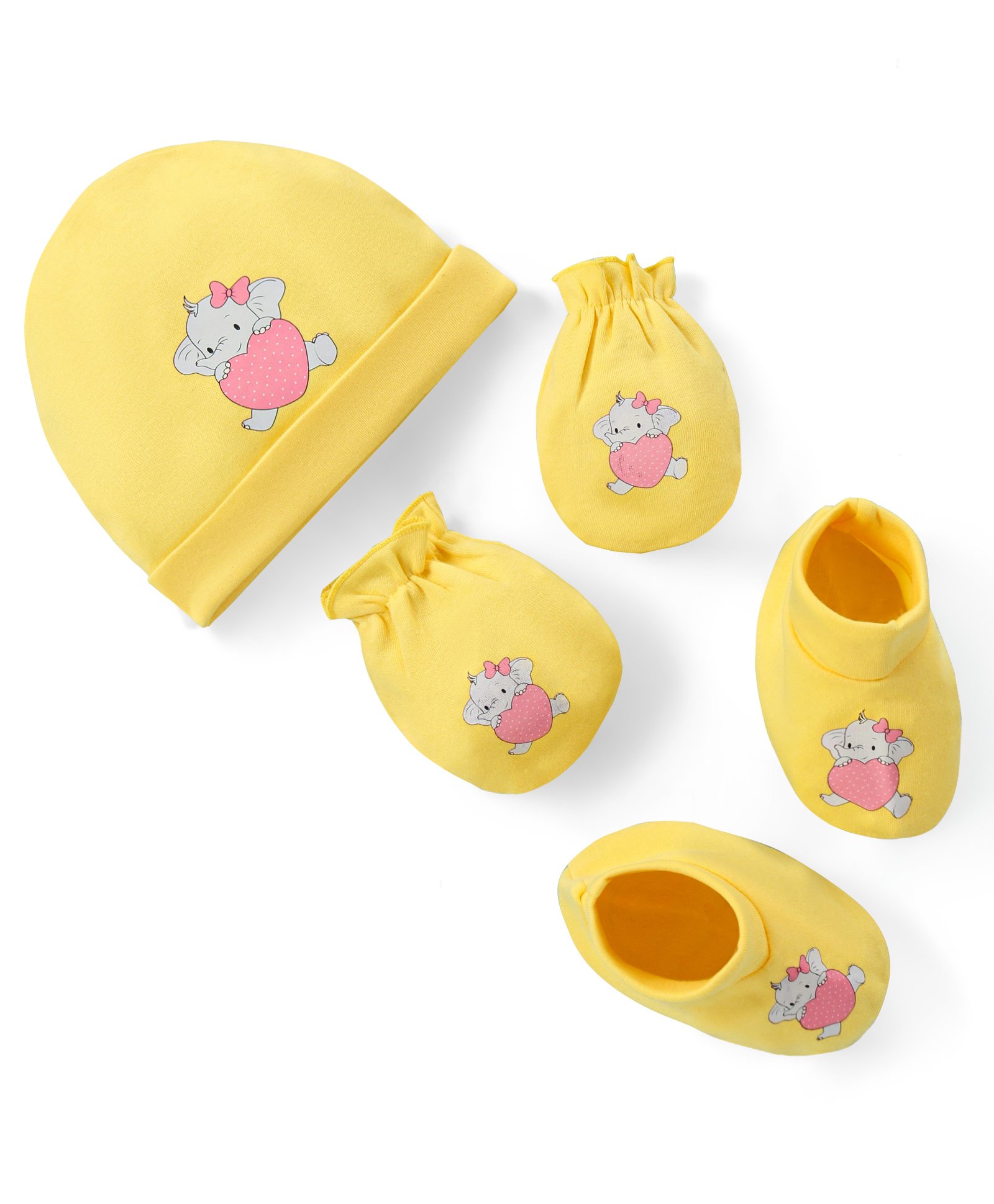 Doodle Poodle Interlock Cotton Knit Cap Mittens & Booties with Elephant Print - Yellow-image-32