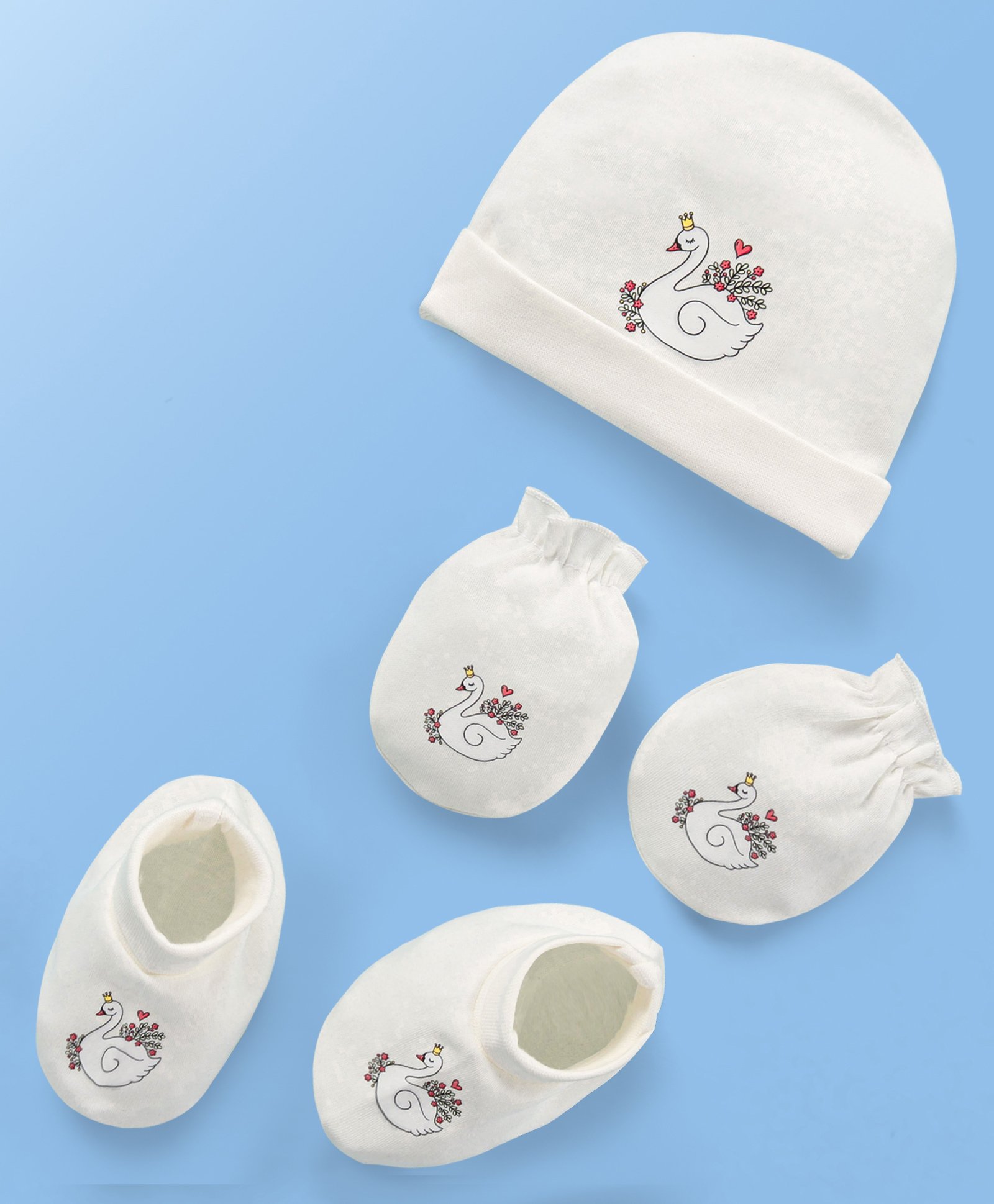Doodle Poodle Interlock Cotton Knit Cap Mittens & Booties Set with Swam Print  -White-picture-6
