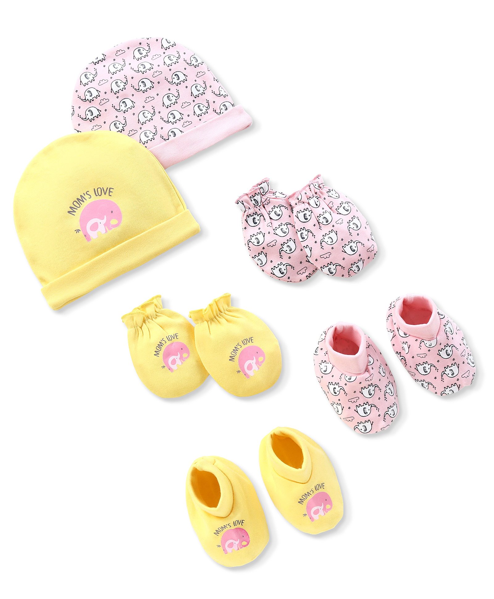 Doodle Poodle Interlock cotton Cap Mittens & Booties with Elephant Print Pack of 2 -Yellow & Pink-picture-34