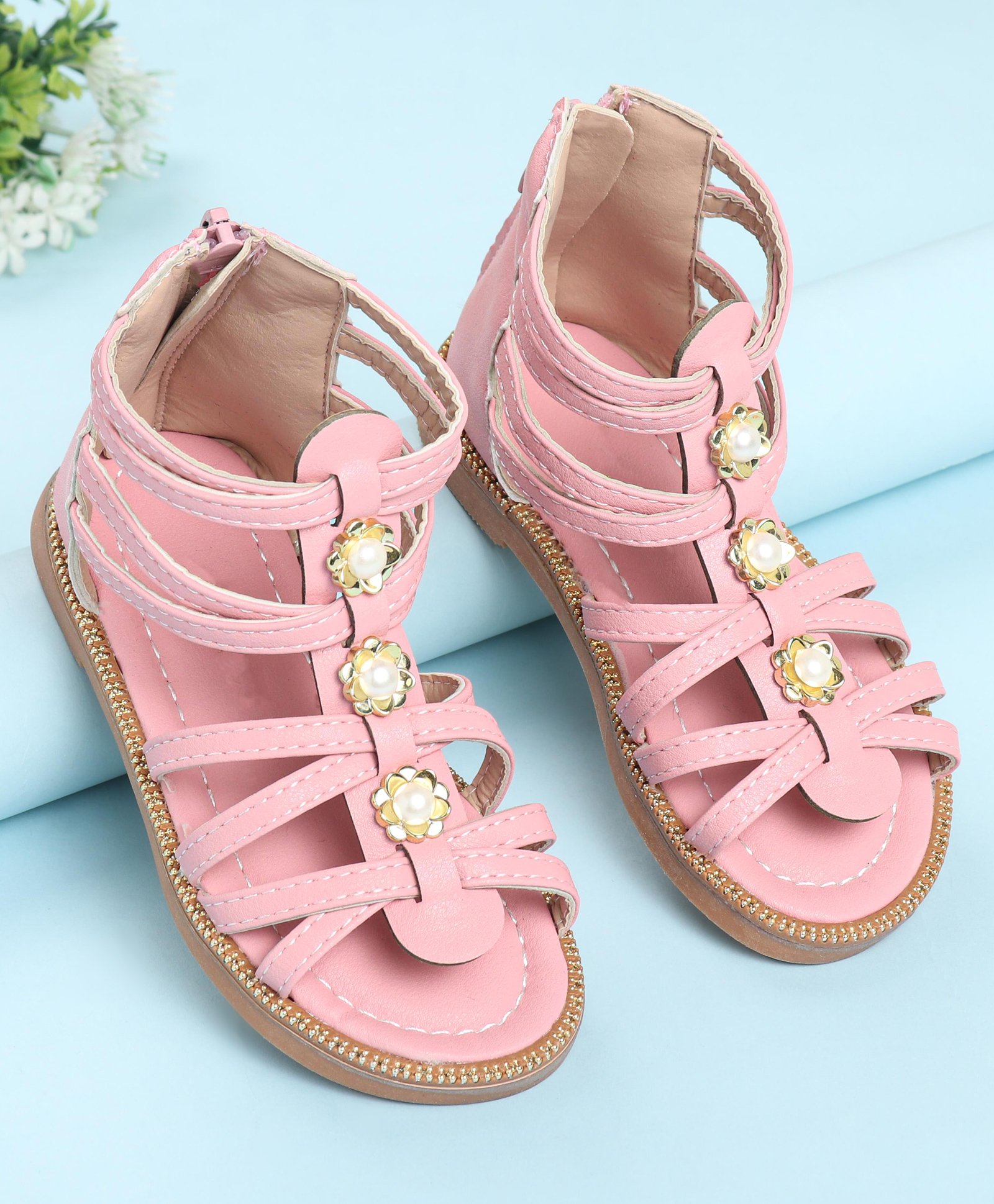 Oh! Pair Sandals with Back Zipper Closure Floral & Beads Detailing - Pink-picture-24