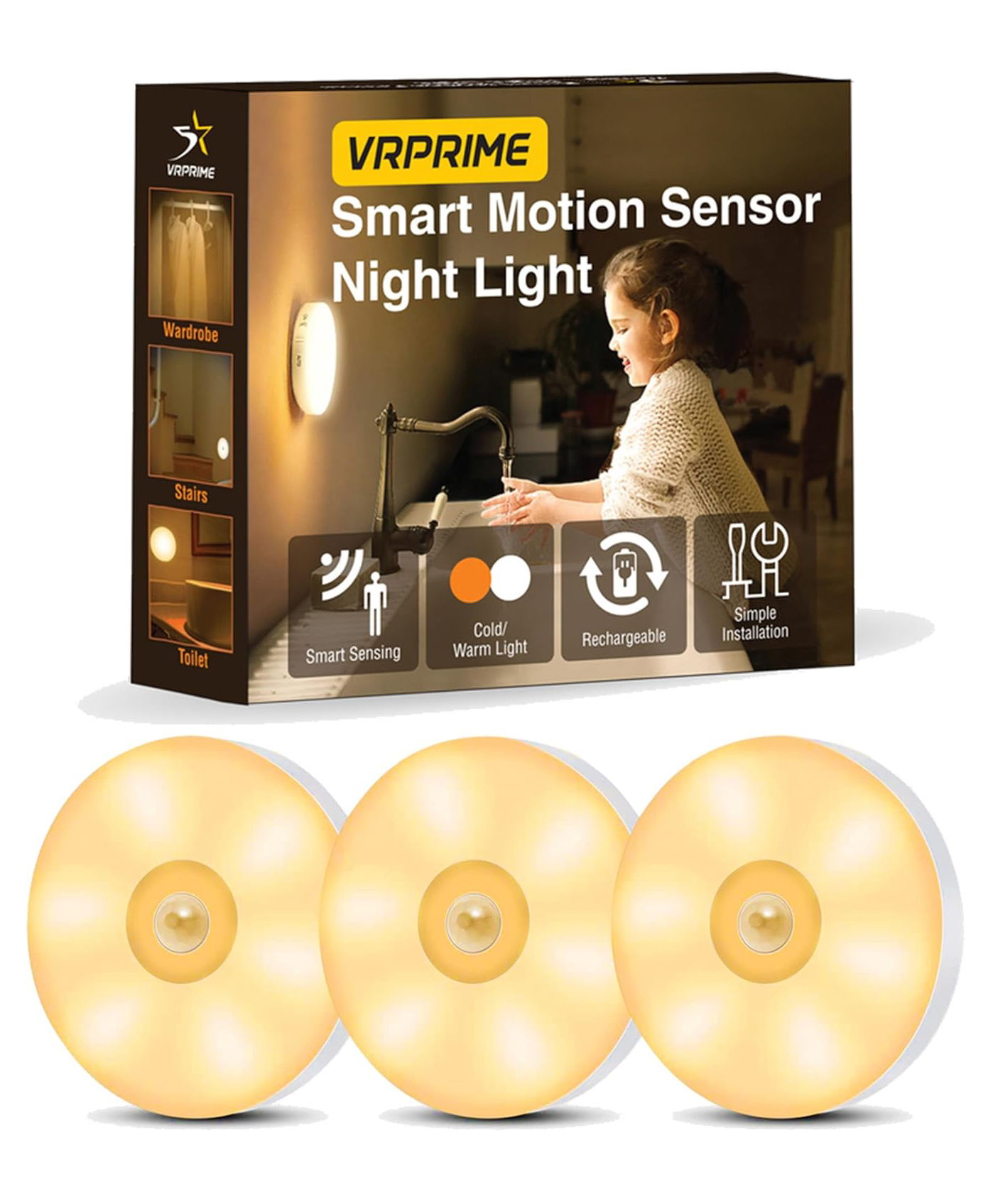 AKN TOYS Rechargeable Motion Sensor Light for Home ,Night Body Induction Lamp for Bedroom , Under Cabinet Light for Kitchen , Automatic Night Light OnOff Sensor , Adhesive Pack of 3 -(color may vary)-image-3