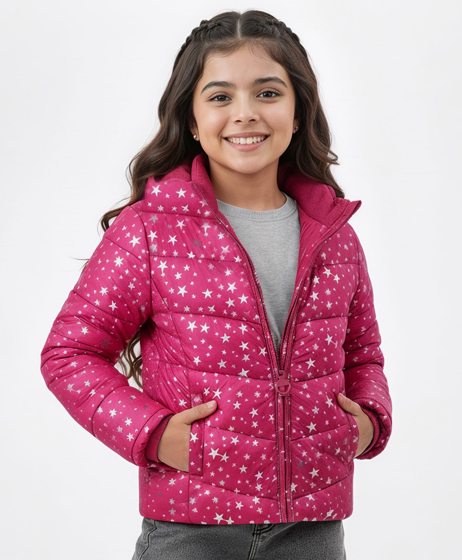 Pine Kids Woven Full Sleeves Front Open Padded Hooded Jacket with Foil Star Print - Pink-picture-23