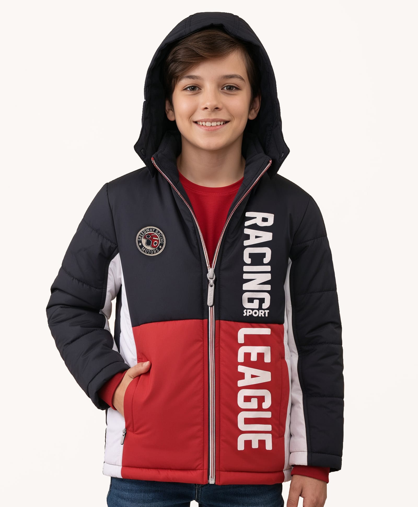 Pine Kids Woven Full Sleeves Padded Hooded Jacket Text Print - Multicolour-image-29