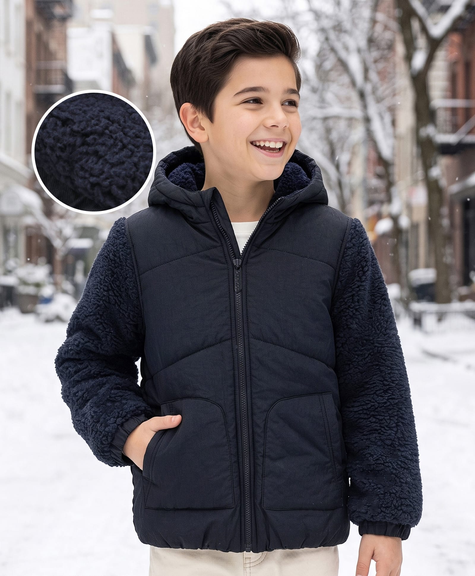Pine Kids Woven Full Sleeves Solid Hooded Padded Jacket - Navy Blue-picture-36