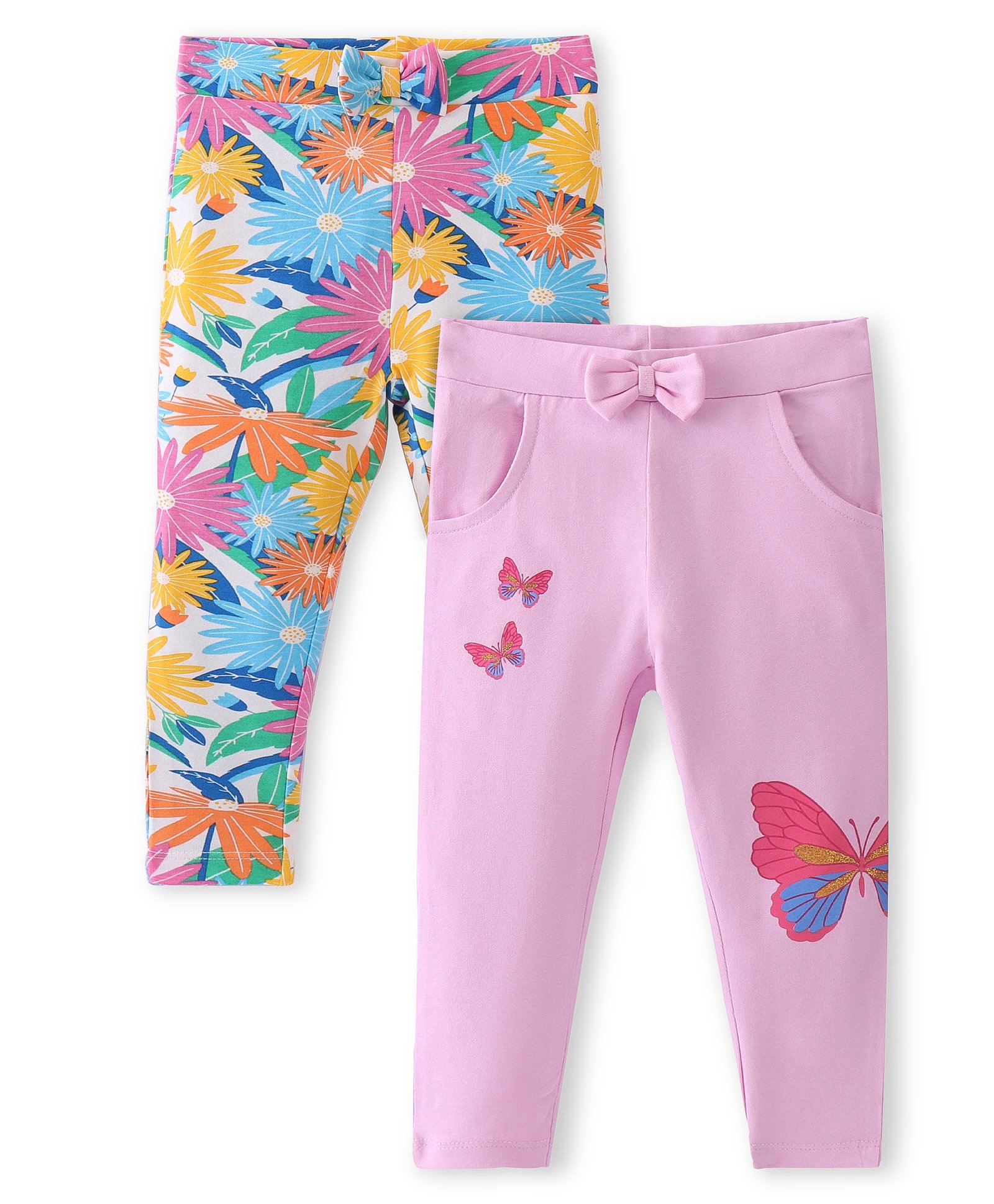 Babyoye Cotton Full Length Leggings With Solid Color & Floral Print Pack of 2 - Pink-picture-36