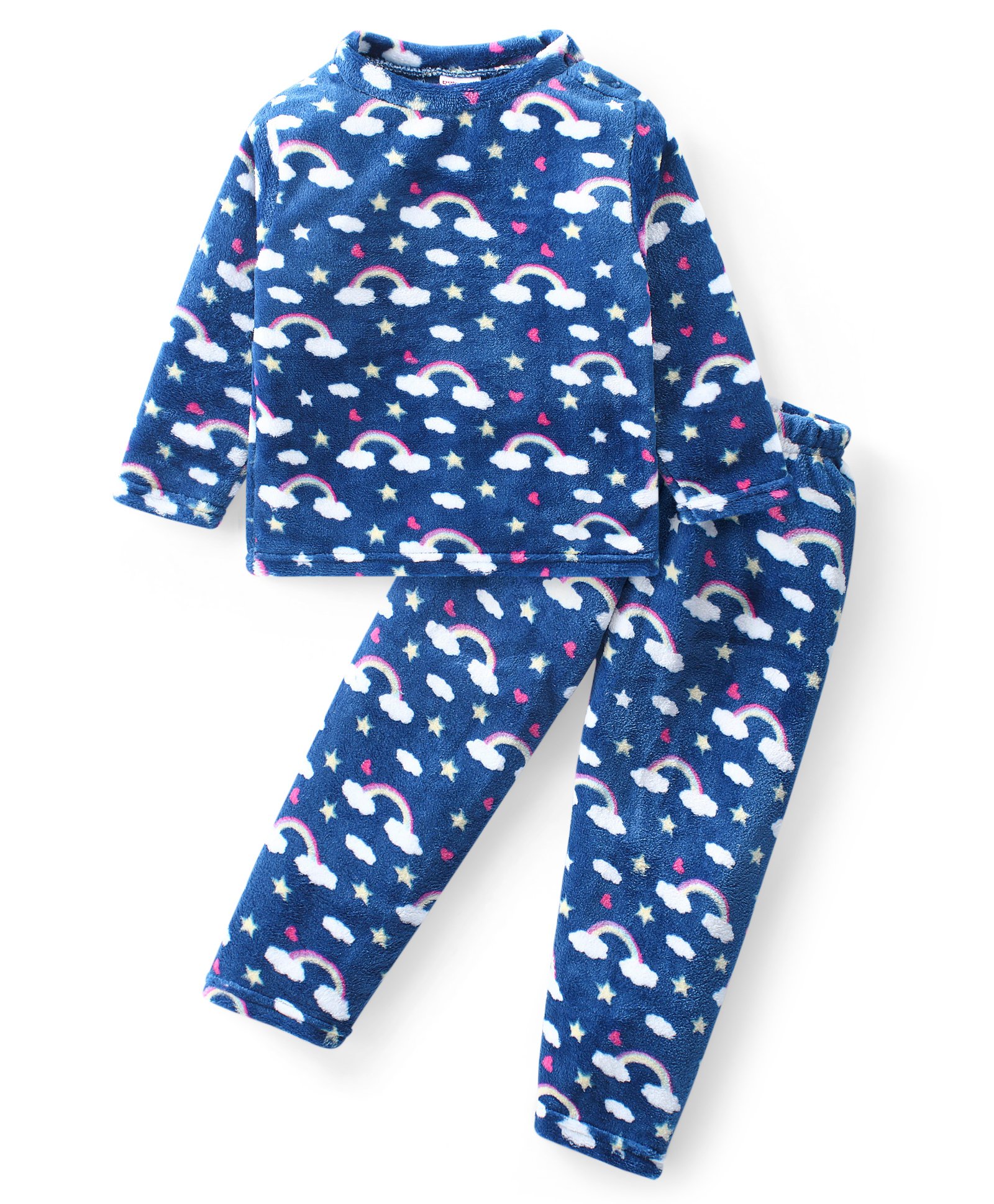 Babyhug Velour Knit Full Sleeves Winter Wear Night Suit with Cloud Print - Navy Blue-image-20
