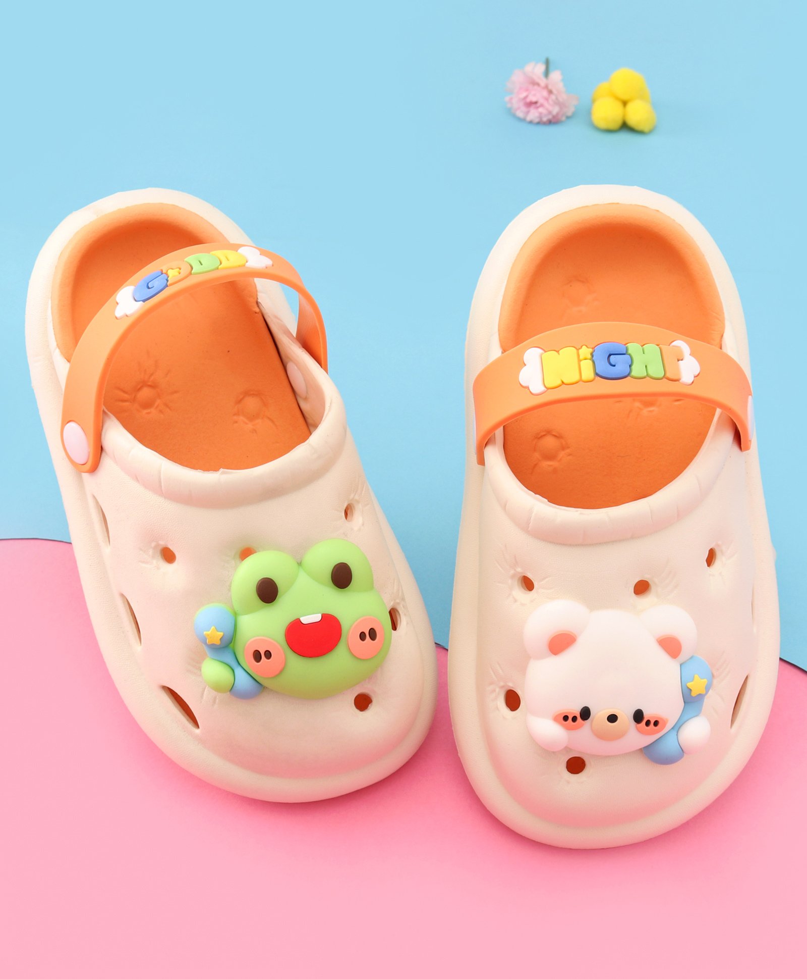 Oh! Pair Slip On  Clogs With Back Strap Closure & Frog & Teddy Applique - Orange-image-31