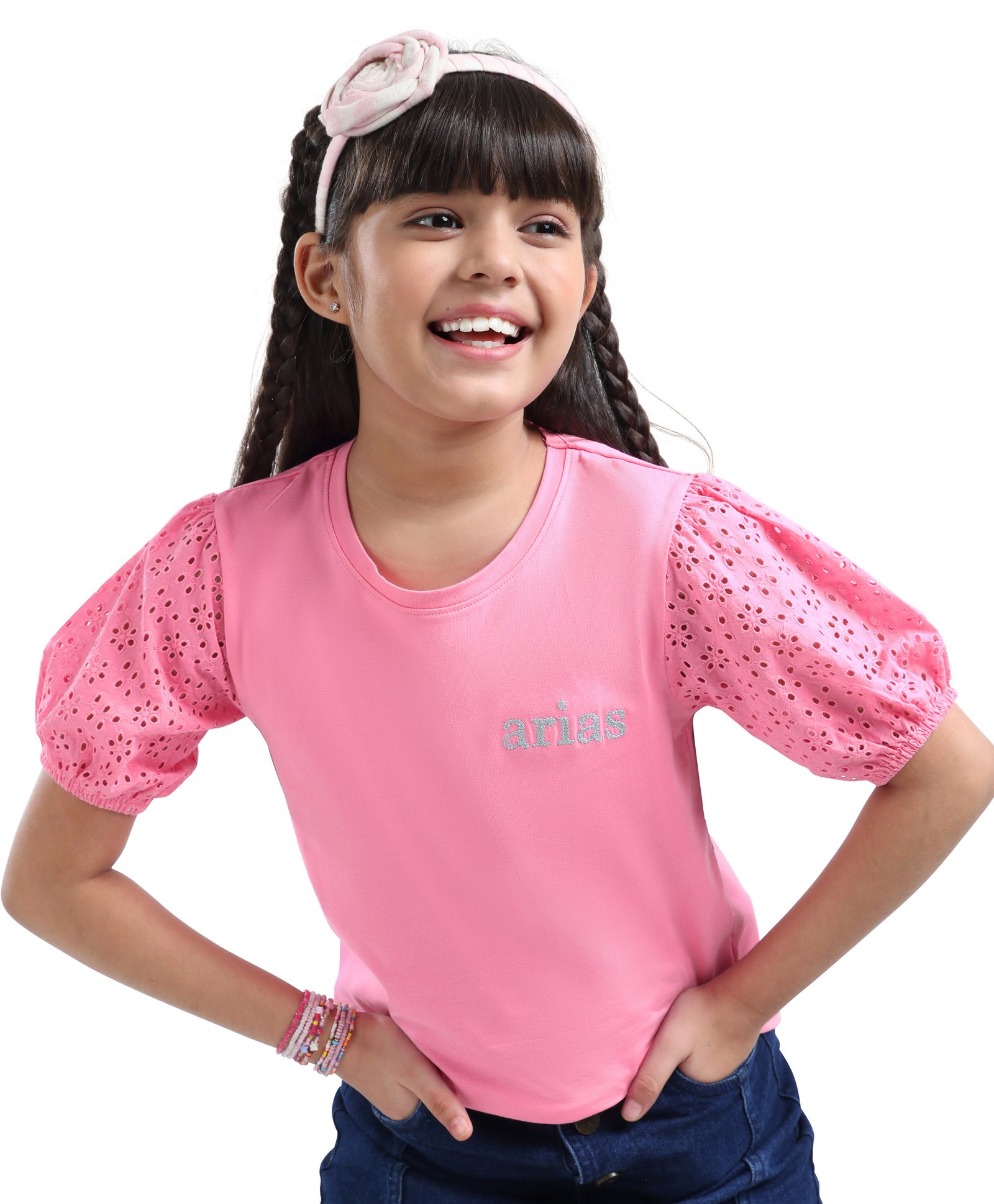 arias by lara dutta Arias Cotton Knit Tops With Woven Schiffli Puffed Sleeves & Logo Embroidery- Pink-picture-23