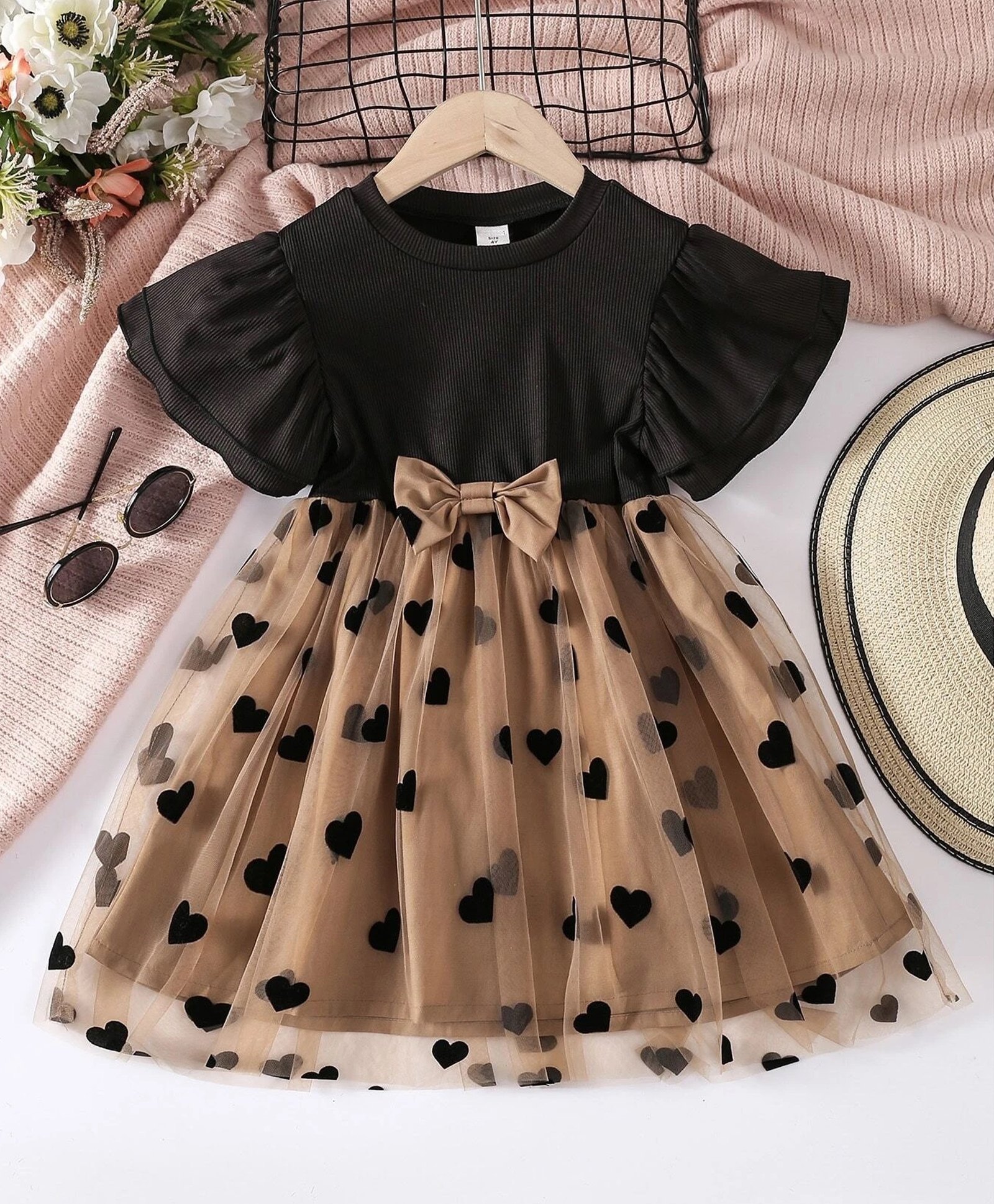 tior Sleeveless Hearts Printed Bow Applique Ruffle Dress - Brown-image-17