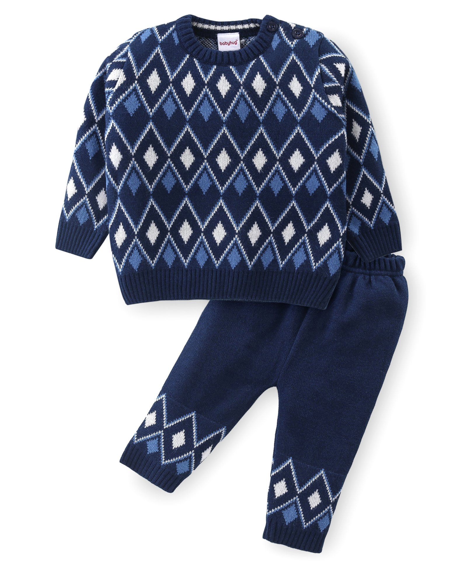 Babyhug Knitted Full Sleeves Pullover Sweater Set with Diamond Design - Navy Blue-image-19