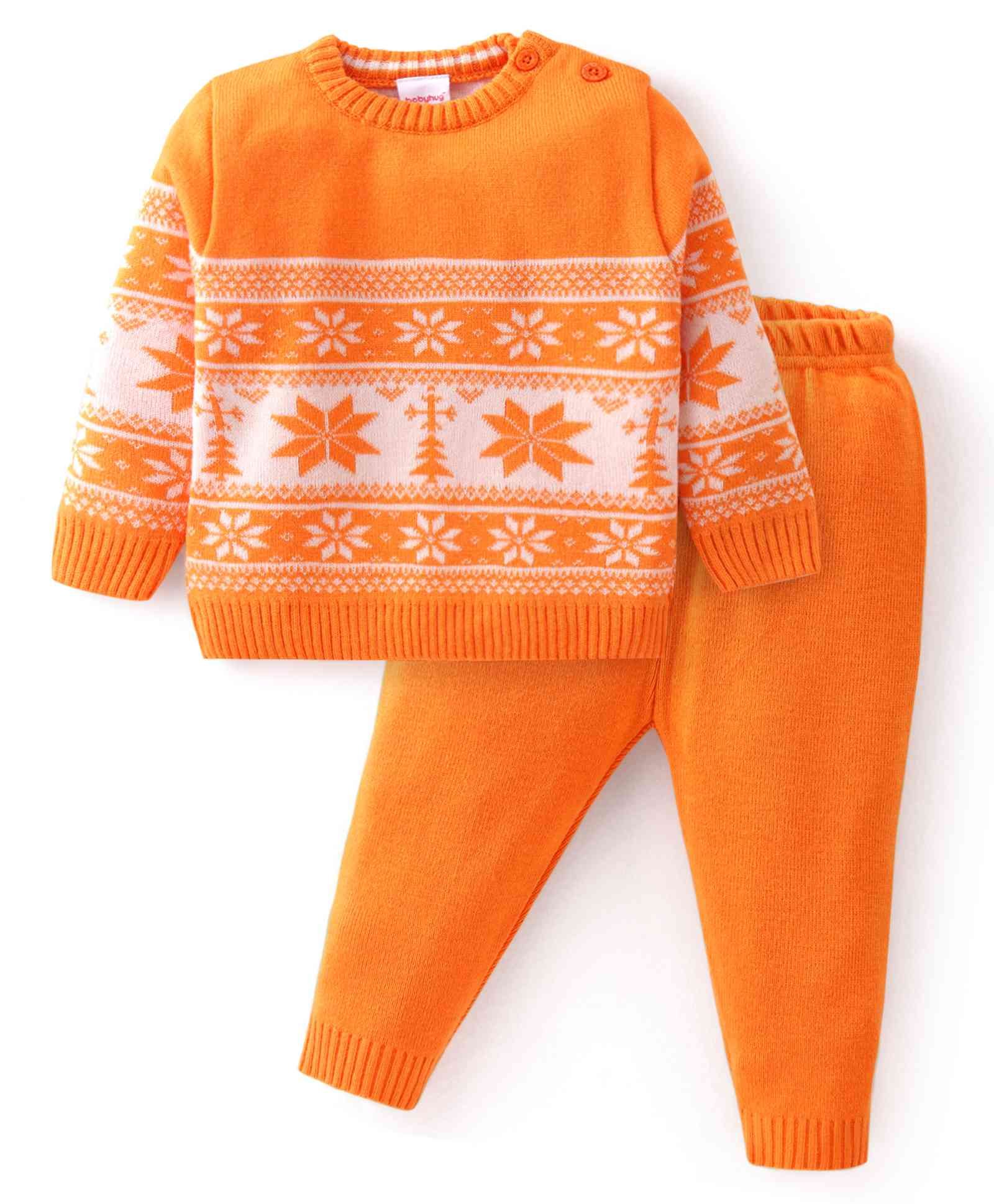 Babyhug Knit Full Sleeves Sweater Set With Floral Design - Orange-picture-14