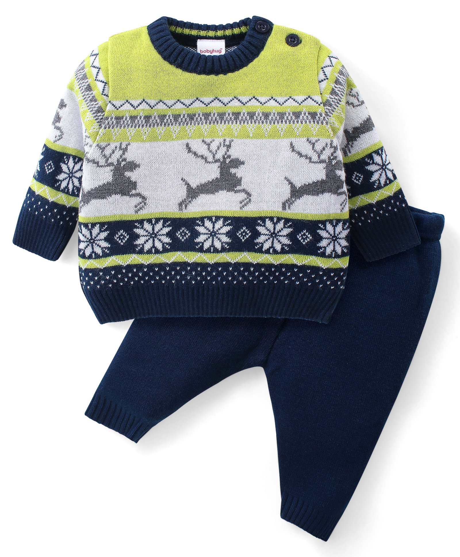Babyhug Knitted Full Sleeves Pullover Sweater Set With Reindeer & Floral Design - Navy Blue-picture-27