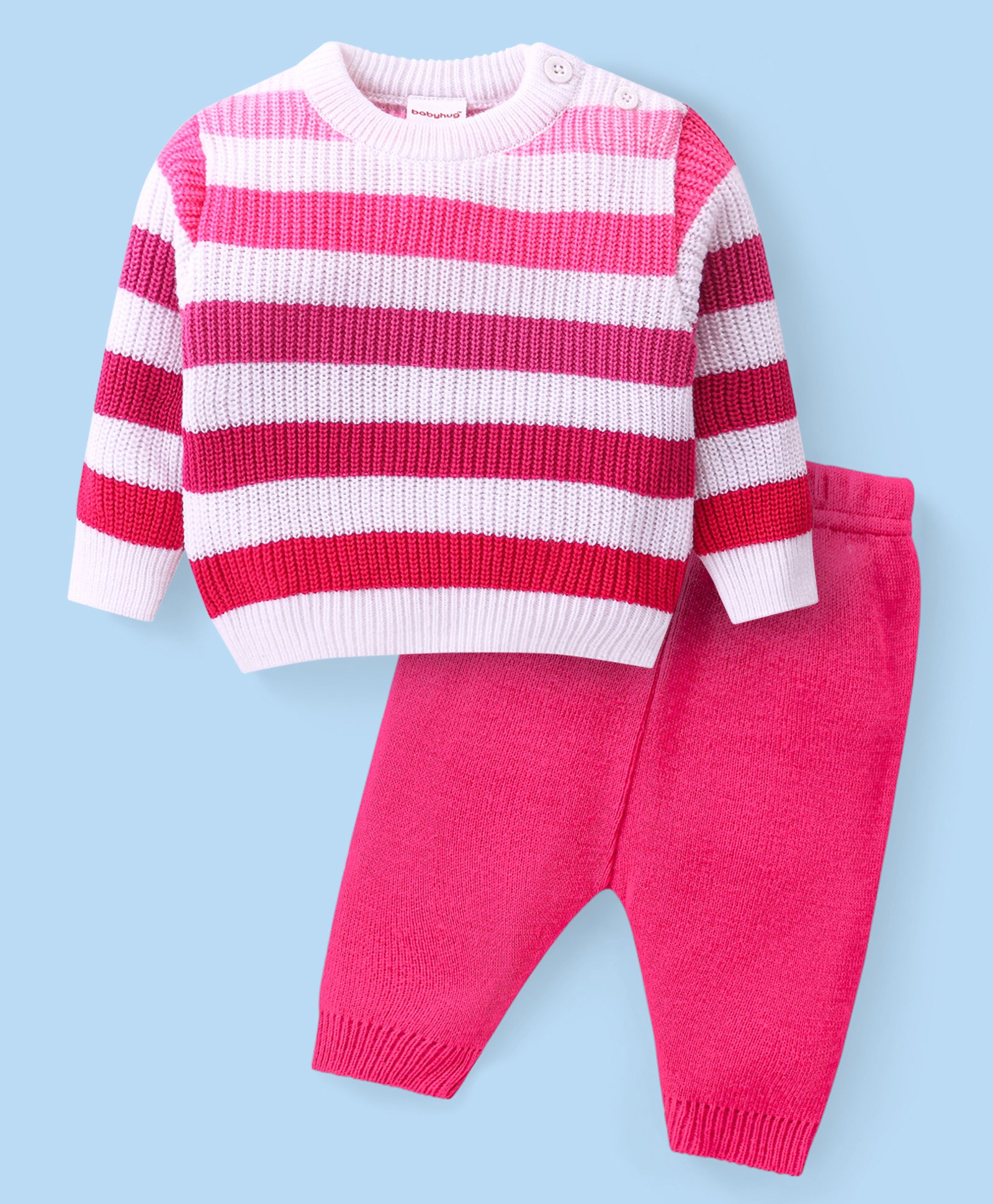 Babyhug Knitted Full Sleeves Pullover Sweater Set With Stripes Design - Pink-picture-38