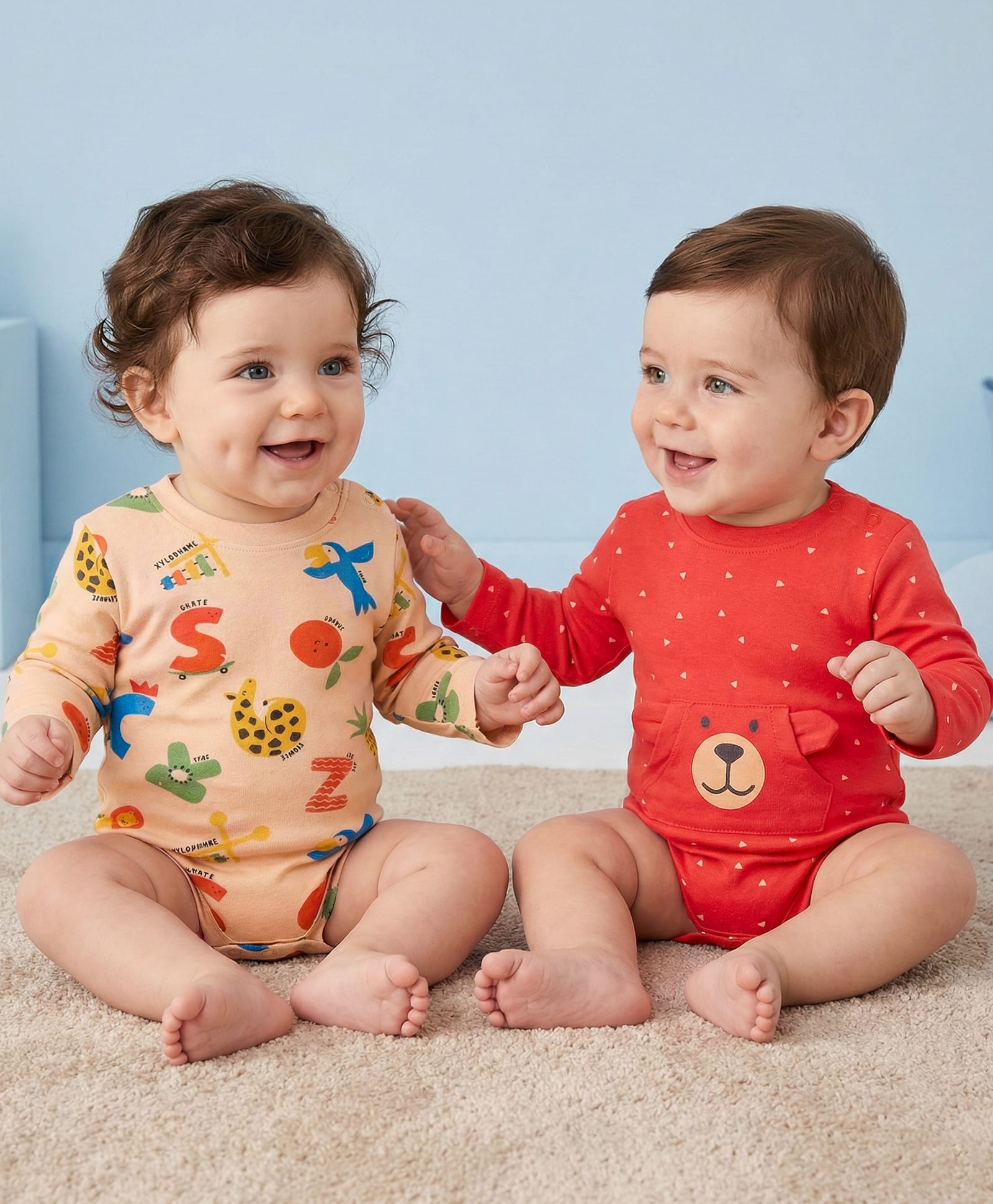 Babyoye 100% Cotton Knit Eco Jiva Finish A Full Sleeves Alphabet & Bear  Printed Onesies Pack of 2 - Red & Beige-picture-12