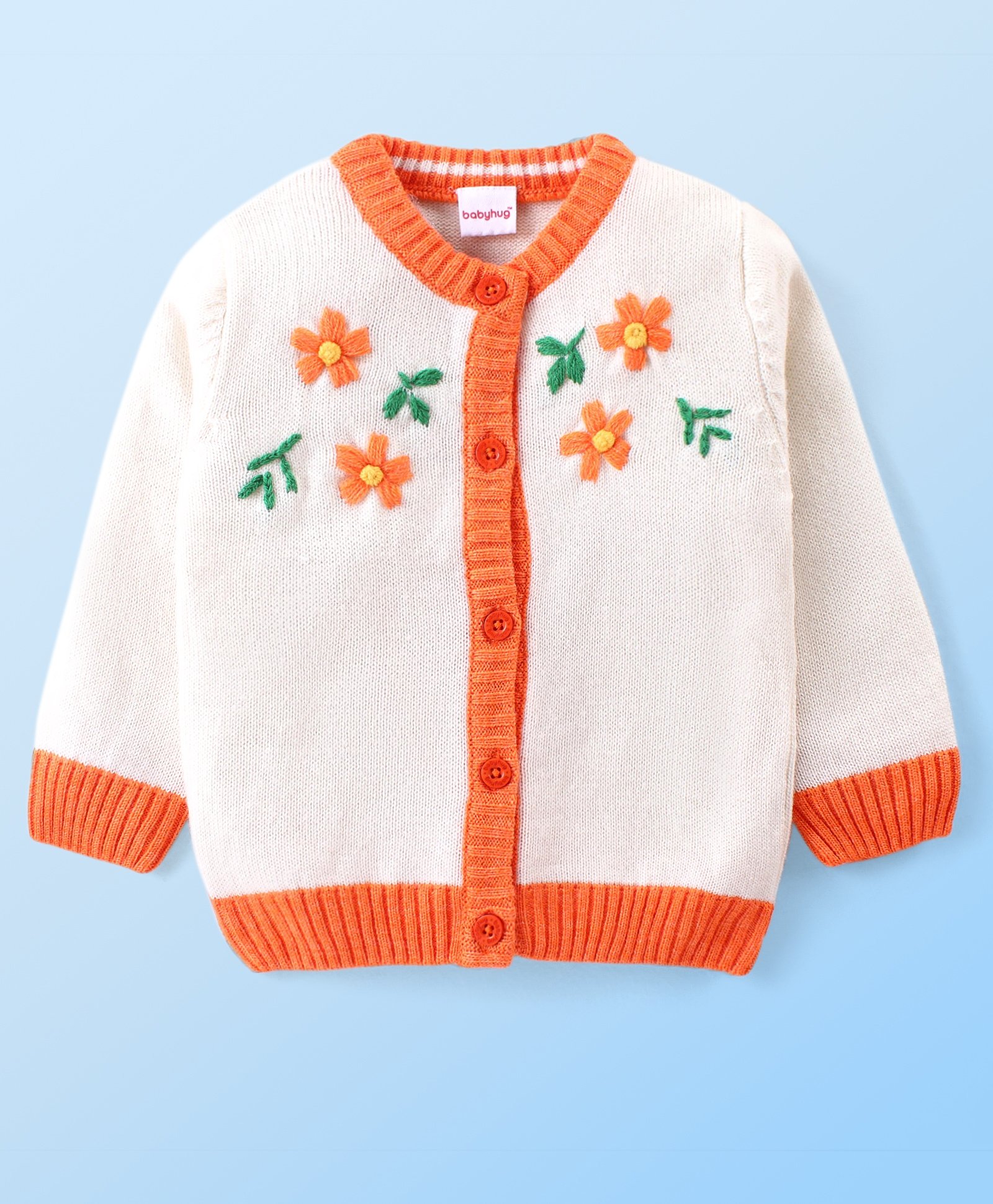 Babyhug Knitted Full Sleeves Front Open Sweater with Floral Embroidery - Orange & White-image-46