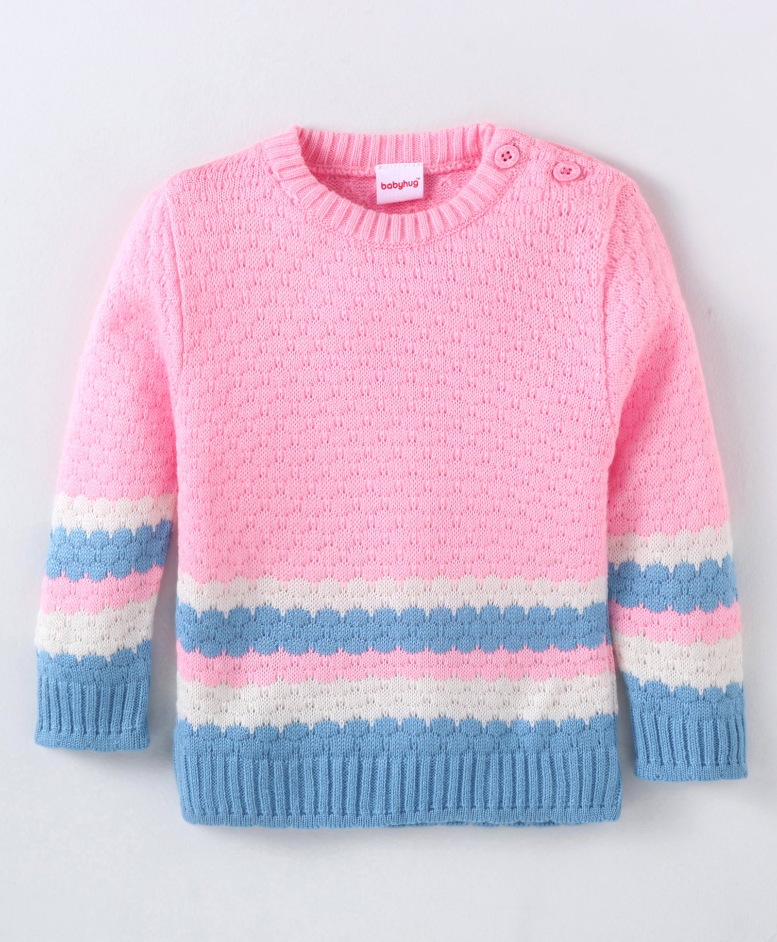 Babyhug Knitted Full Sleeves Pullover Color Block Sweater - Pink & Blue-image-16