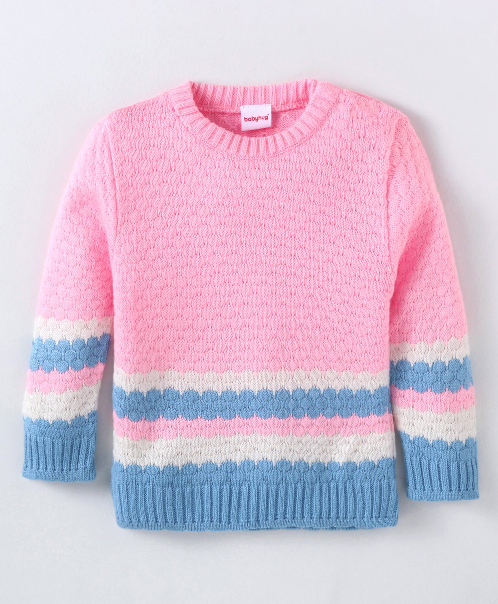 Babyhug Knitted Full Sleeves Pullover Color Block Sweater - Pink & Blue-image-42