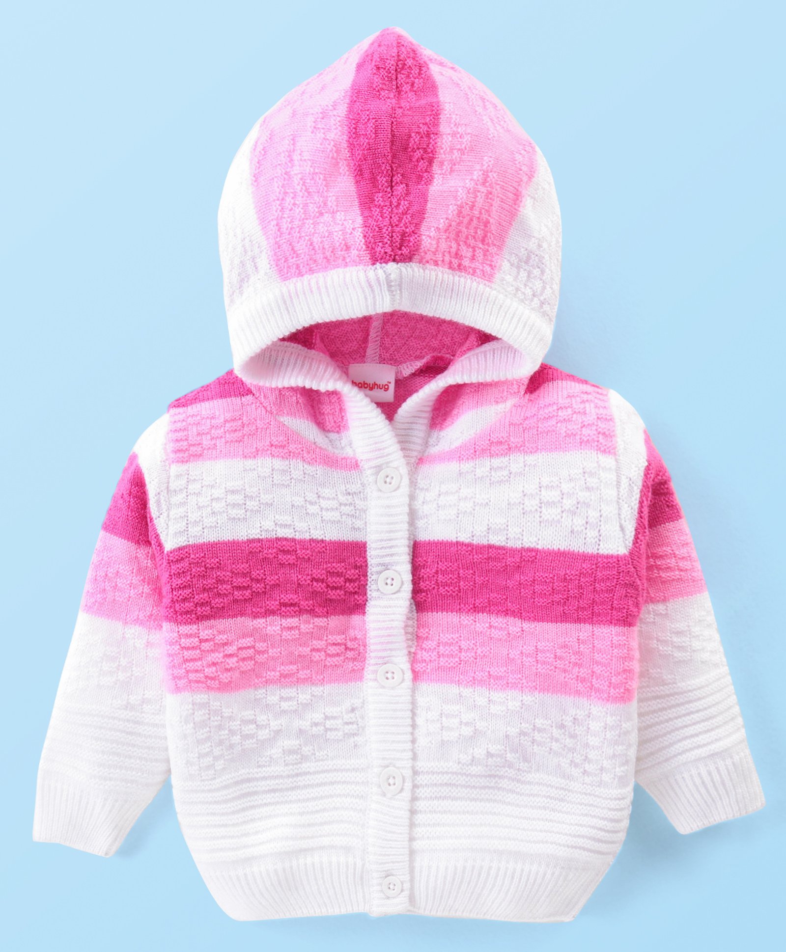 Babyhug Knitted Full Sleeves Front Open Hooded Sweater with Stripes Design - Pink-picture-17