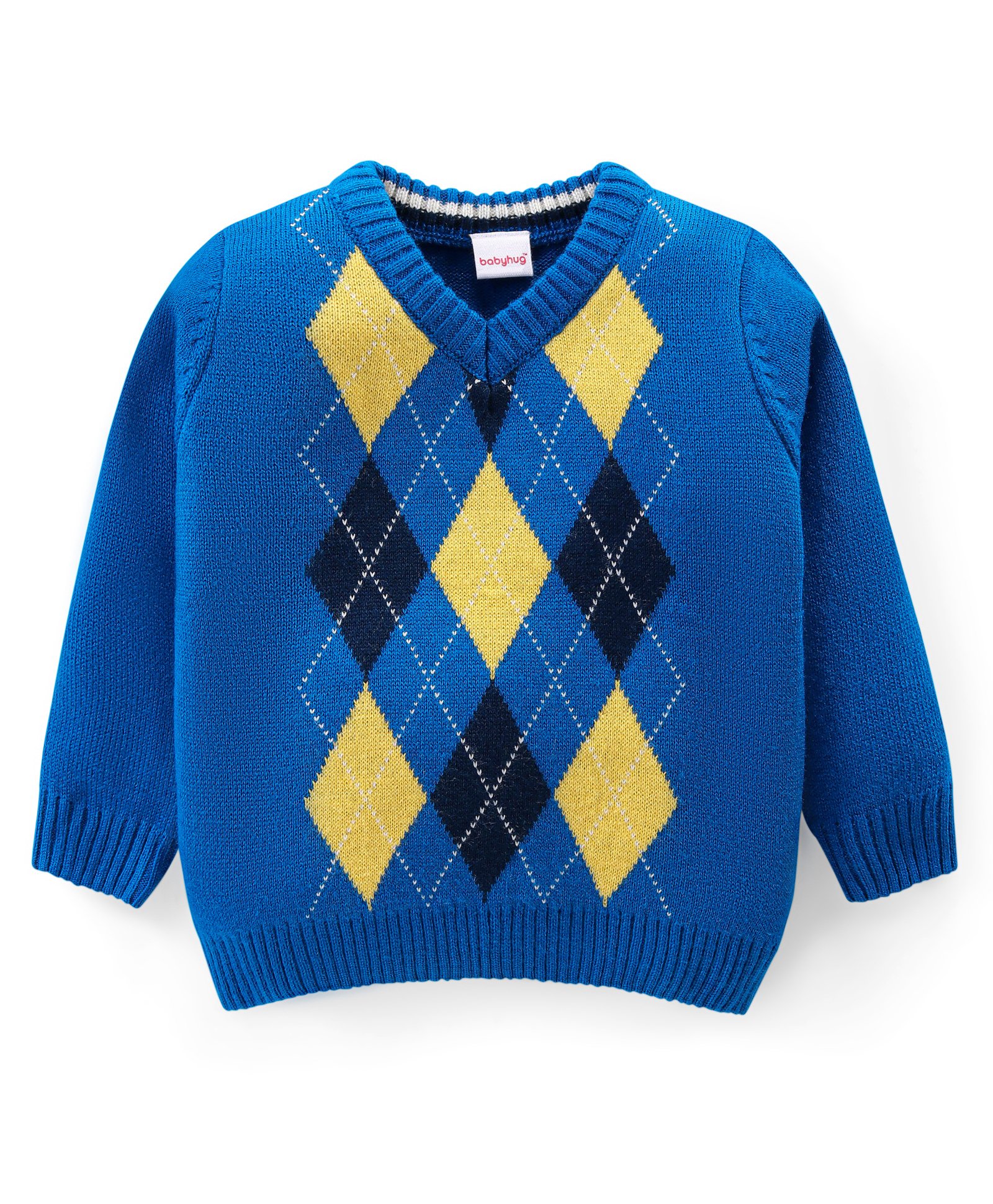 Babyhug Knit Full Sleeves Pullover  Sweater with Argyle Design - Blue-image-28