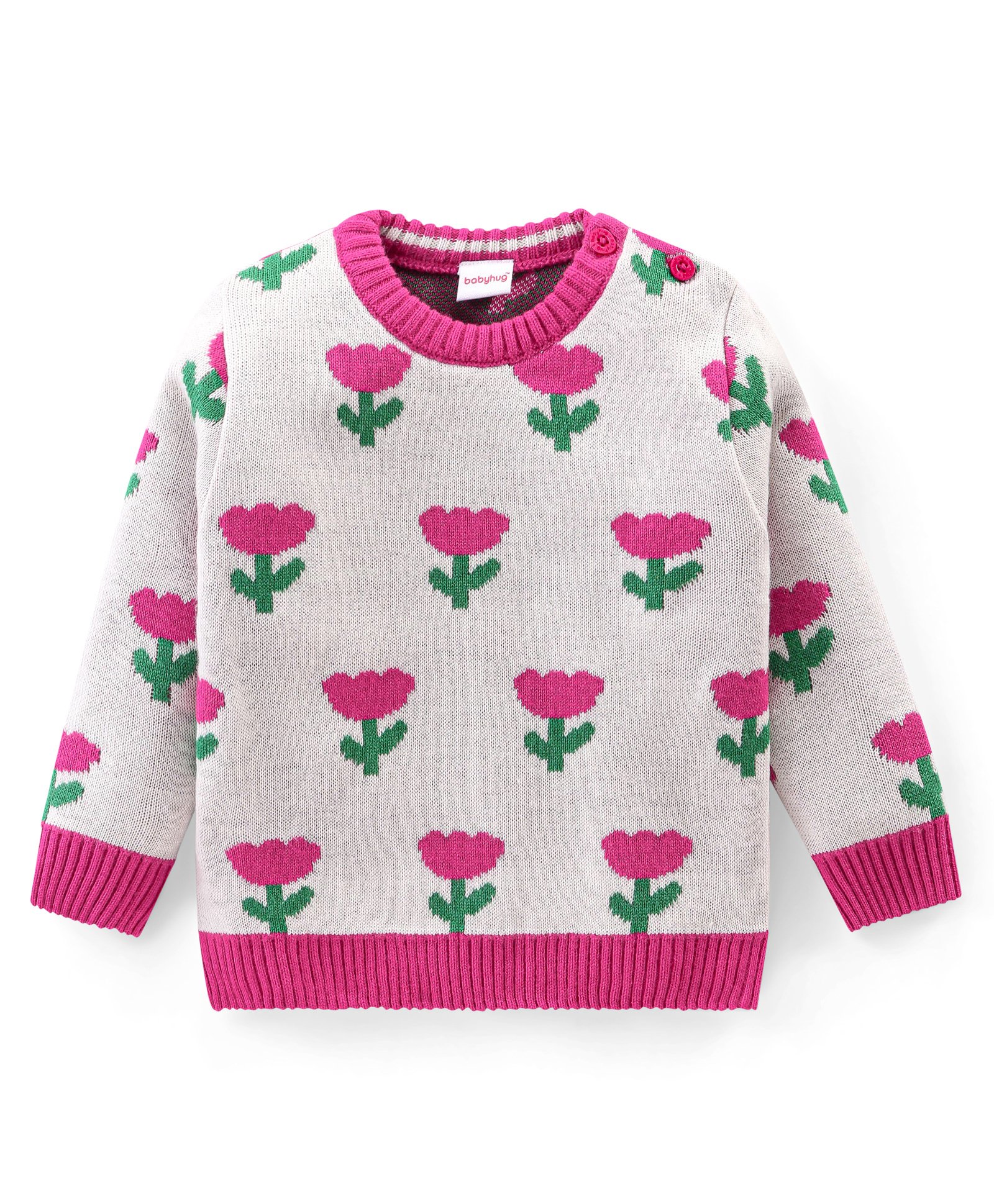 Babyhug Knit Full Sleeves Pullover Sweater with Floral Design - White & Pink-image-23