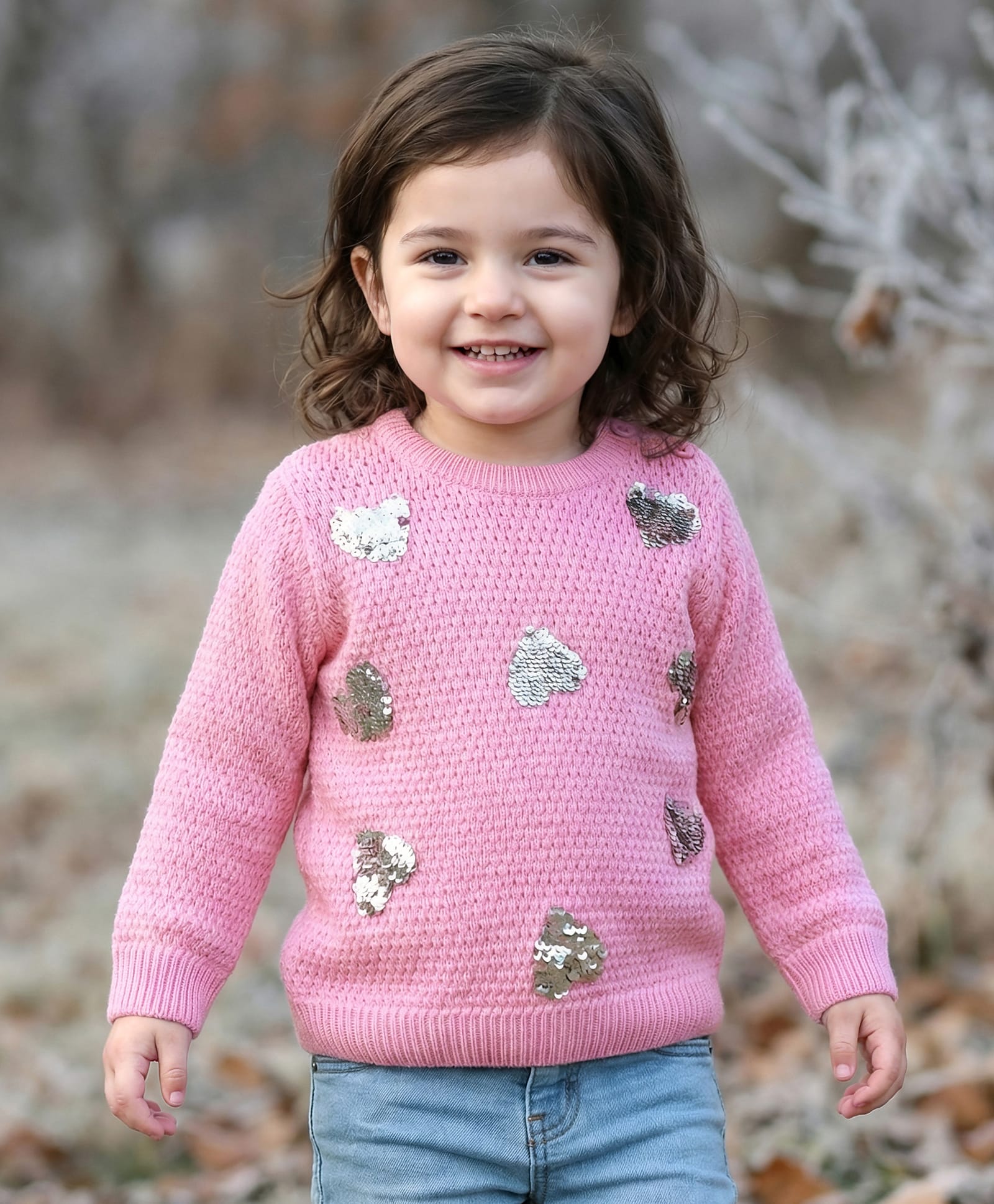 Babyhug Knitted Full Sleeves Pullover Sweater With Sequined Heart Design - Pink
