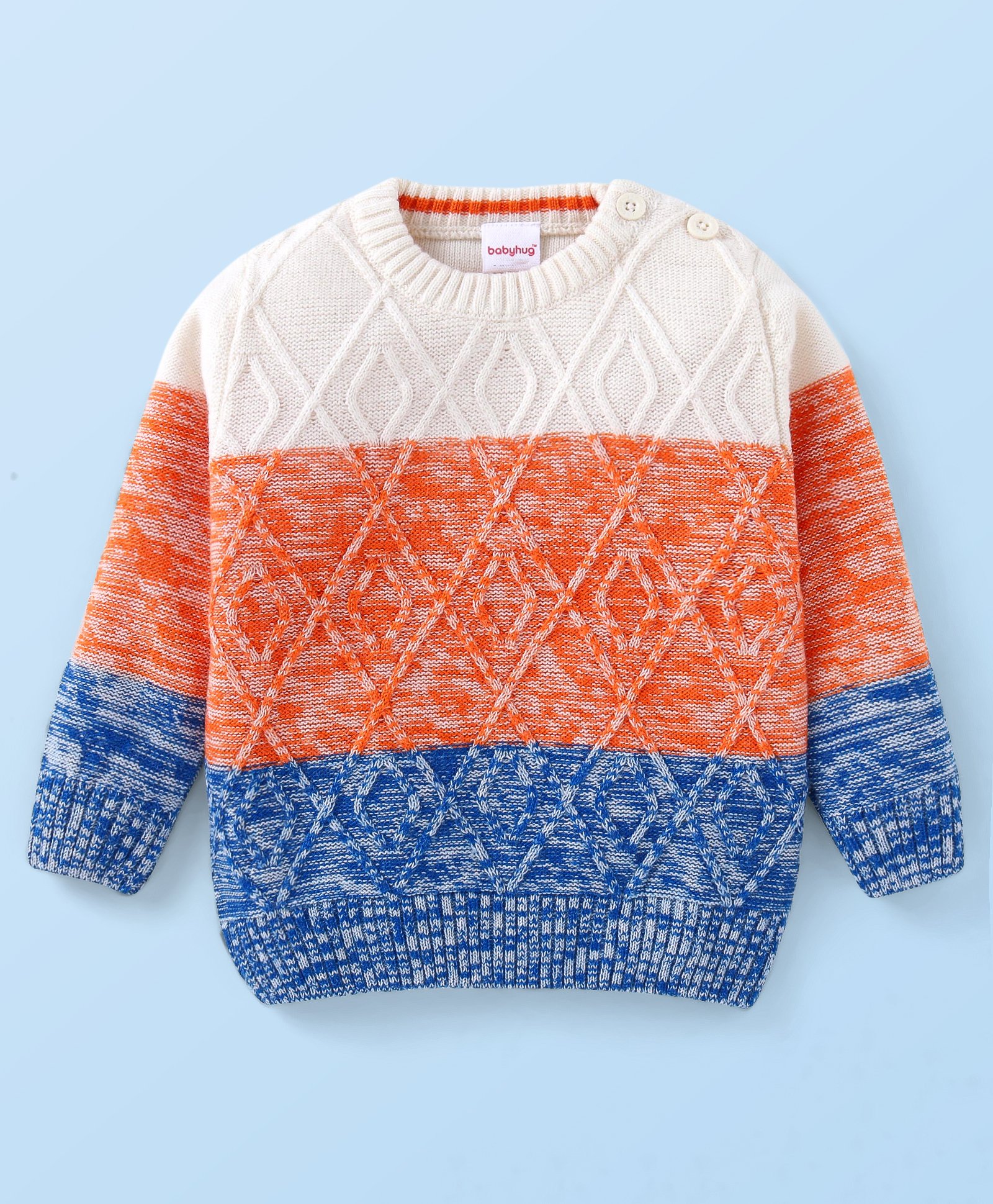 Babyhug Knit Full Sleeves Colour Block Pullover Sweater with Cable Knit Design - White Blue & Orange-picture-25