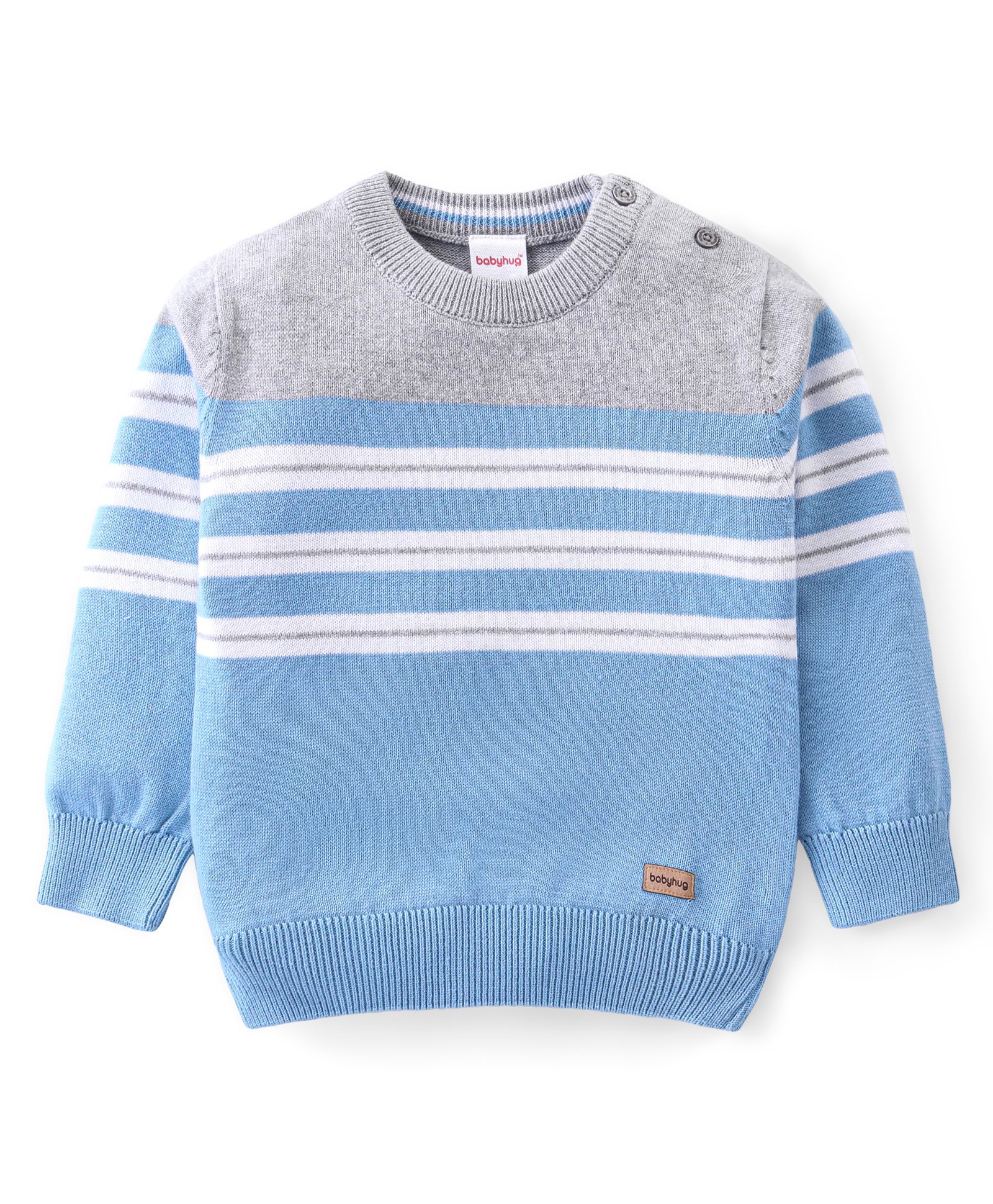 Babyhug Knitted Full Sleeves Pullover Striped Sweater - Blue & Grey-image-21