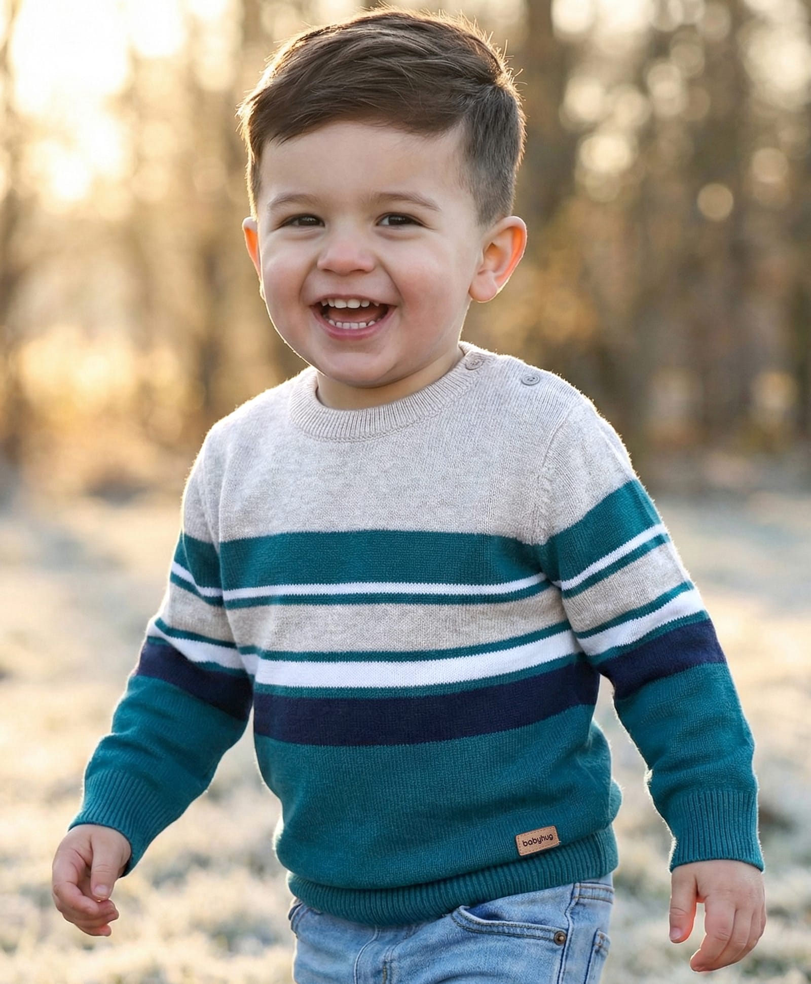 Babyhug Knitted Full Sleeves Pullover Sweater with Striped Design - Blue & Grey-image-47