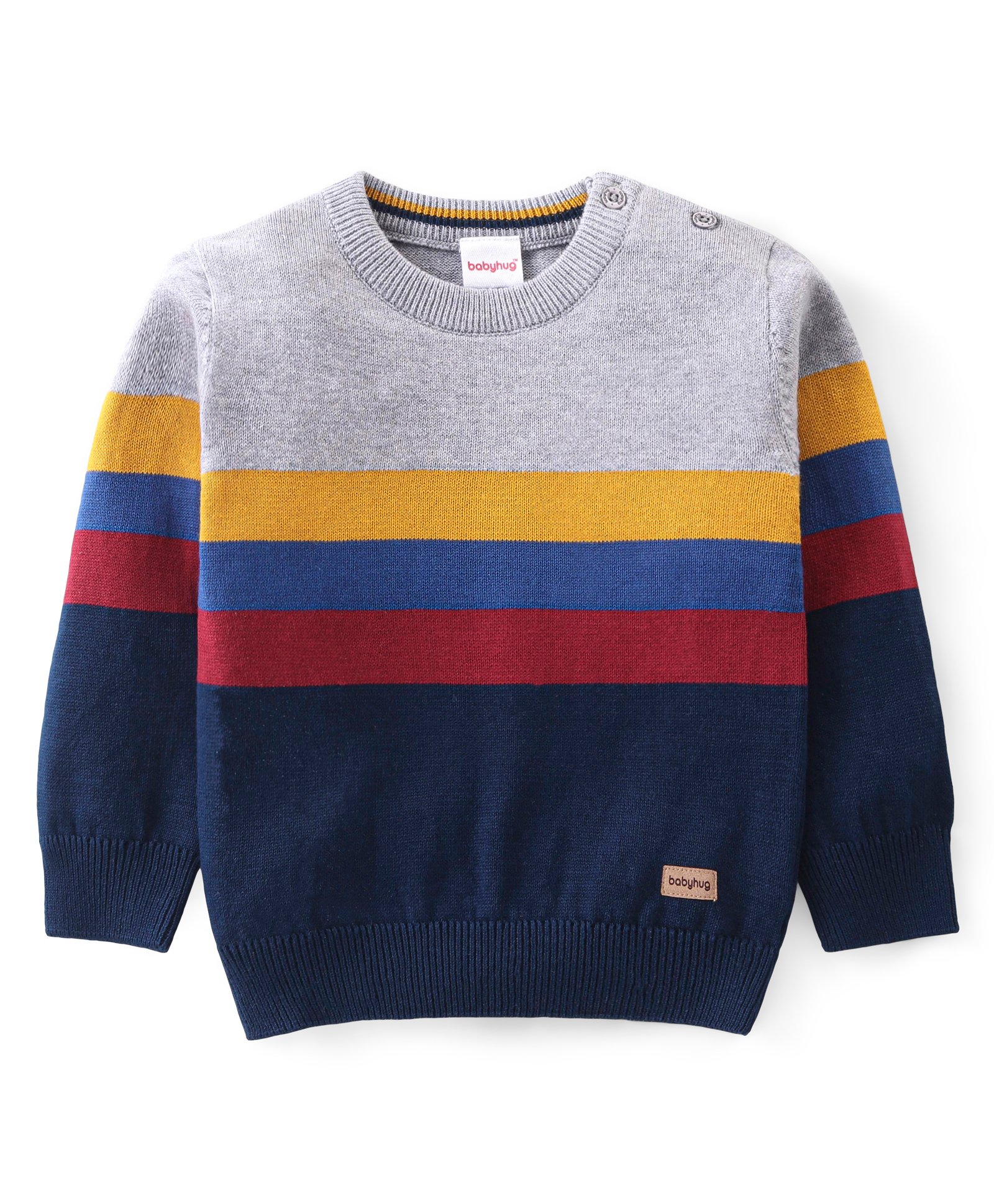 Babyhug Knitted Full Sleeves Pullover Sweater with Striped Design - Grey & Navy Blue-picture-26