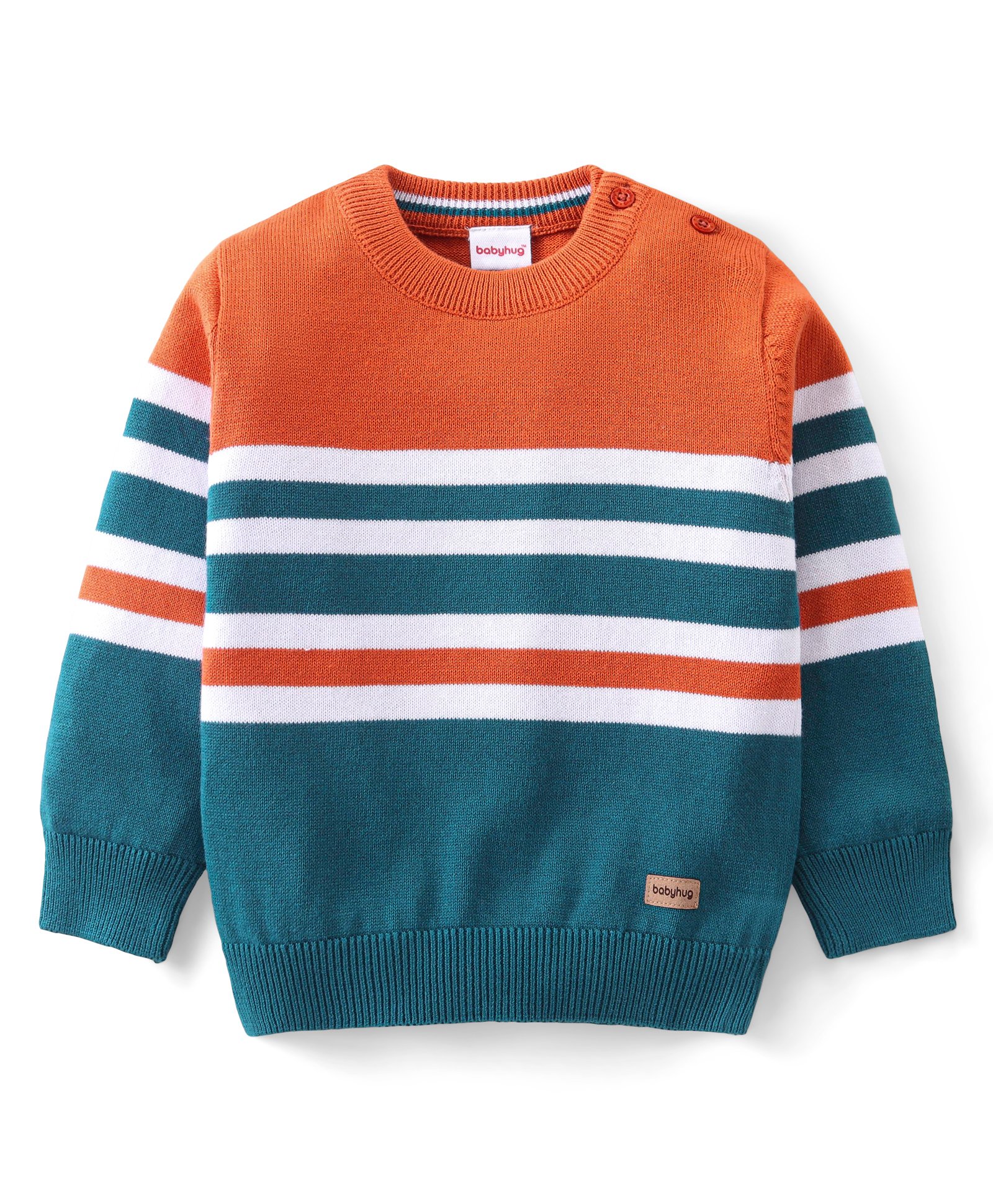 Babyhug Knitted Full Sleeves Pullover Striped Sweater - Orange & Green-image-49