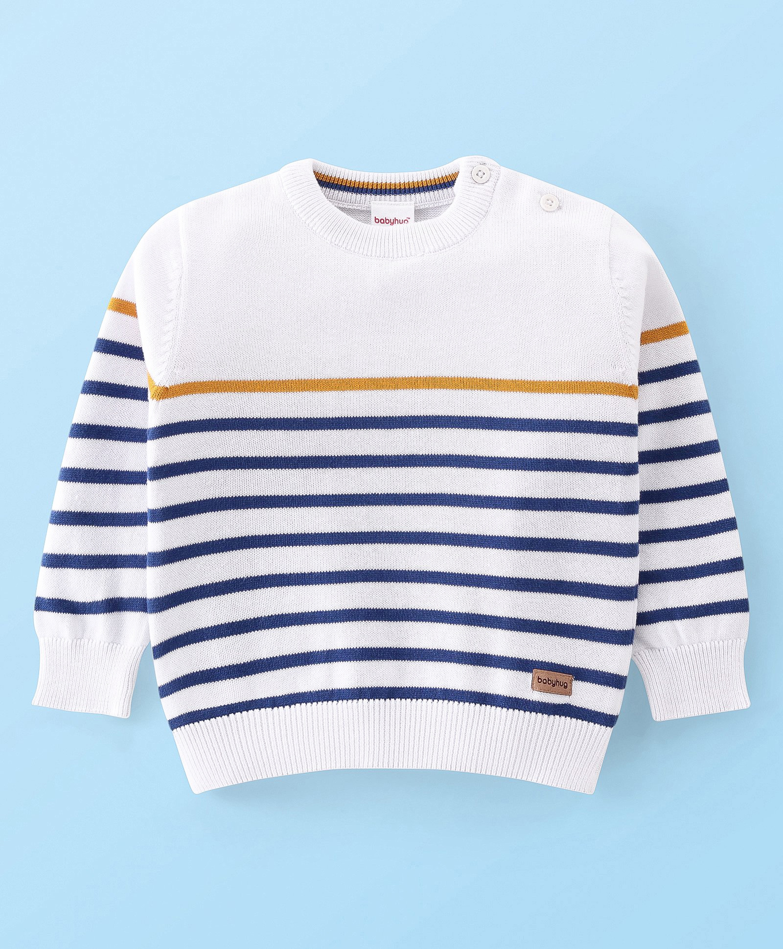 Babyhug Knitted Full Sleeves Striped Pullovers Sweater-  White & Blue-picture-21